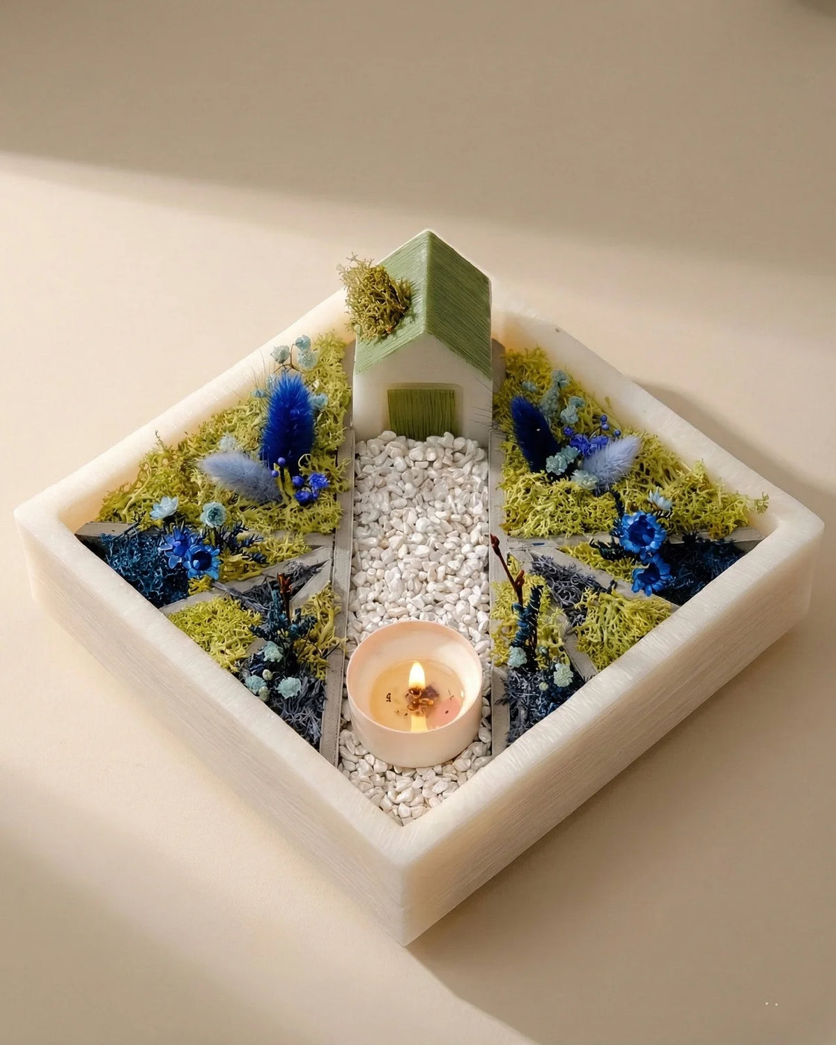 bonseki giardino zen rituale meditazione candela - vassoio quadrato colore crema e blu