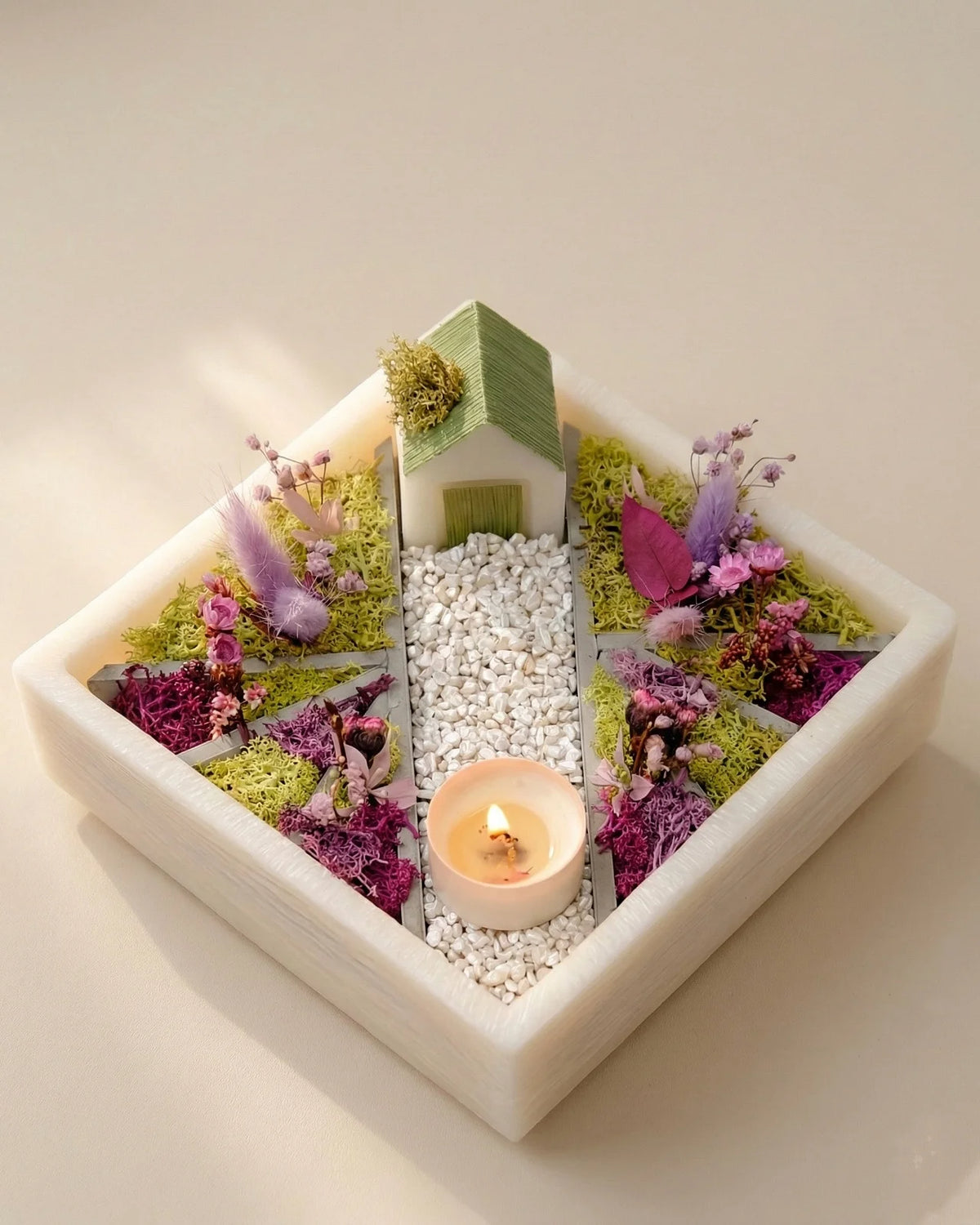 bonseki giardino zen rituale meditazione candela - vassoio quadrato colore crema e lilla
