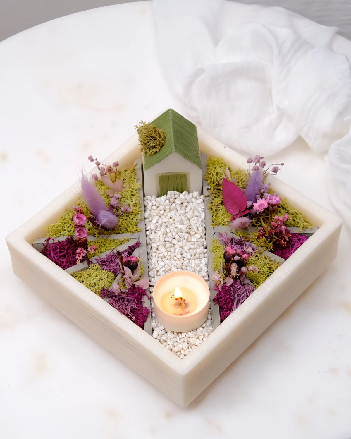 bonseki giardino zen rituale meditazione candela - vassoio quadrato colore crema e  lilla