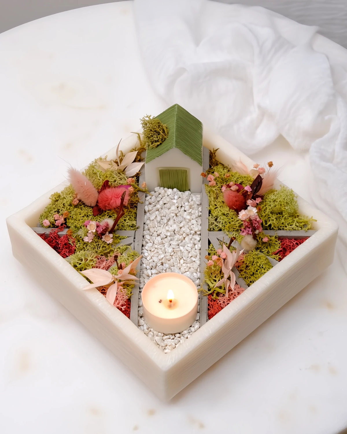 bonseki giardino zen rituale meditazione candela - vassoio quadrato colore crema e  rosa