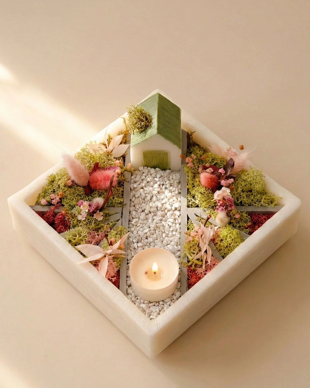 bonseki giardino zen rituale meditazione candela - vassoio quadrato colore crema e rosa