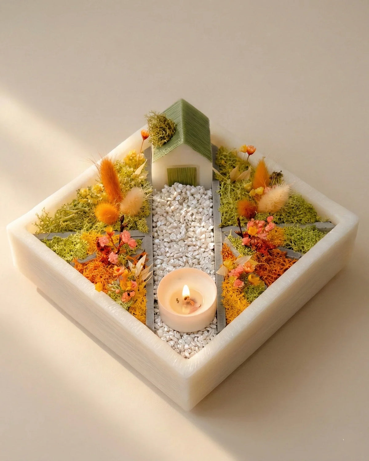 bonseki giardino zen rituale meditazione candela - vassoio quadrato colore crema e arancio 