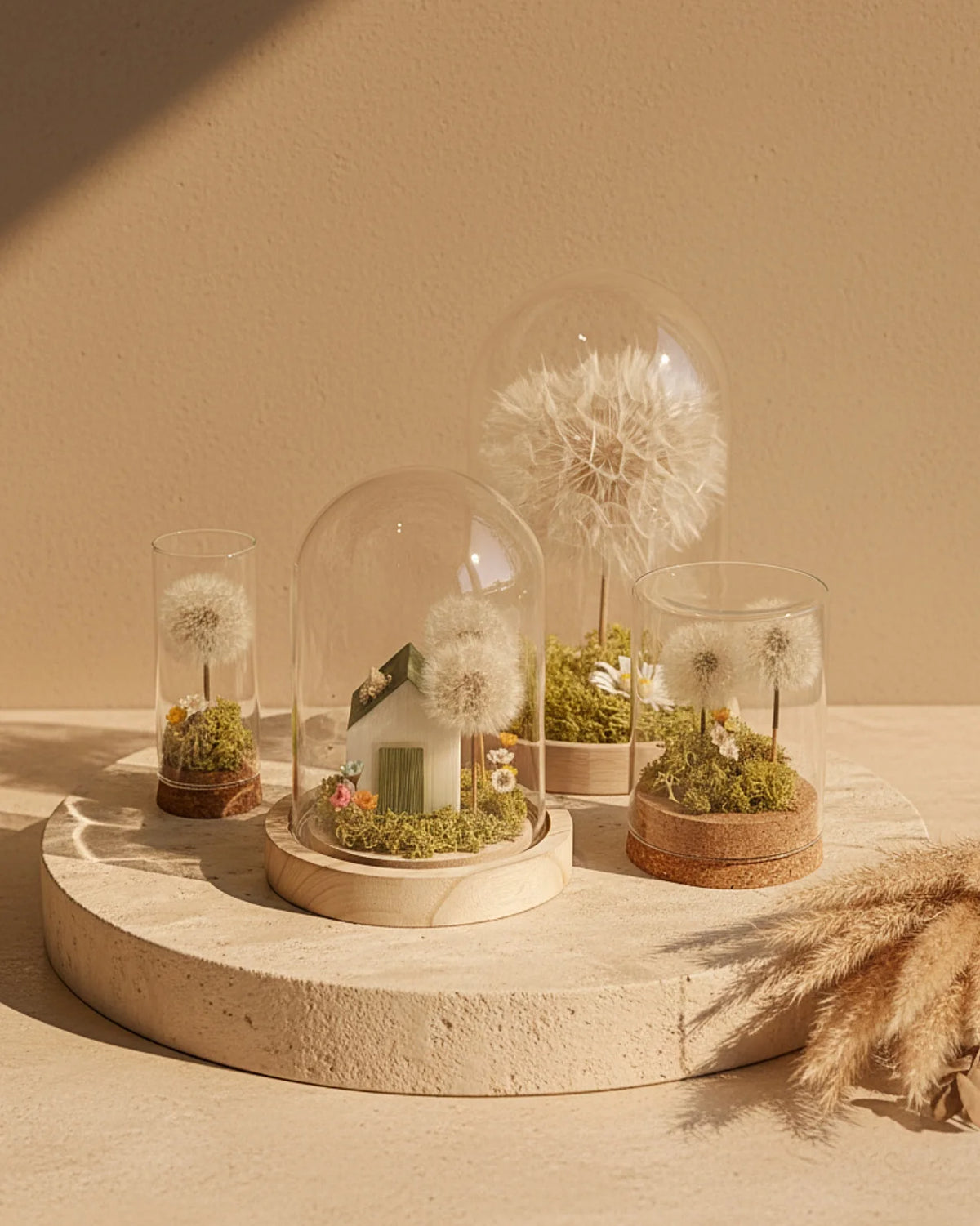 Collezione giardino dei desideri | Terrarium con Soffioni Stabilizzati e Prato Muschio Stabilizzato in Ampolle o Campane di Vetro con Base in Legno e Sughero - Idea regalo unica e poetica 