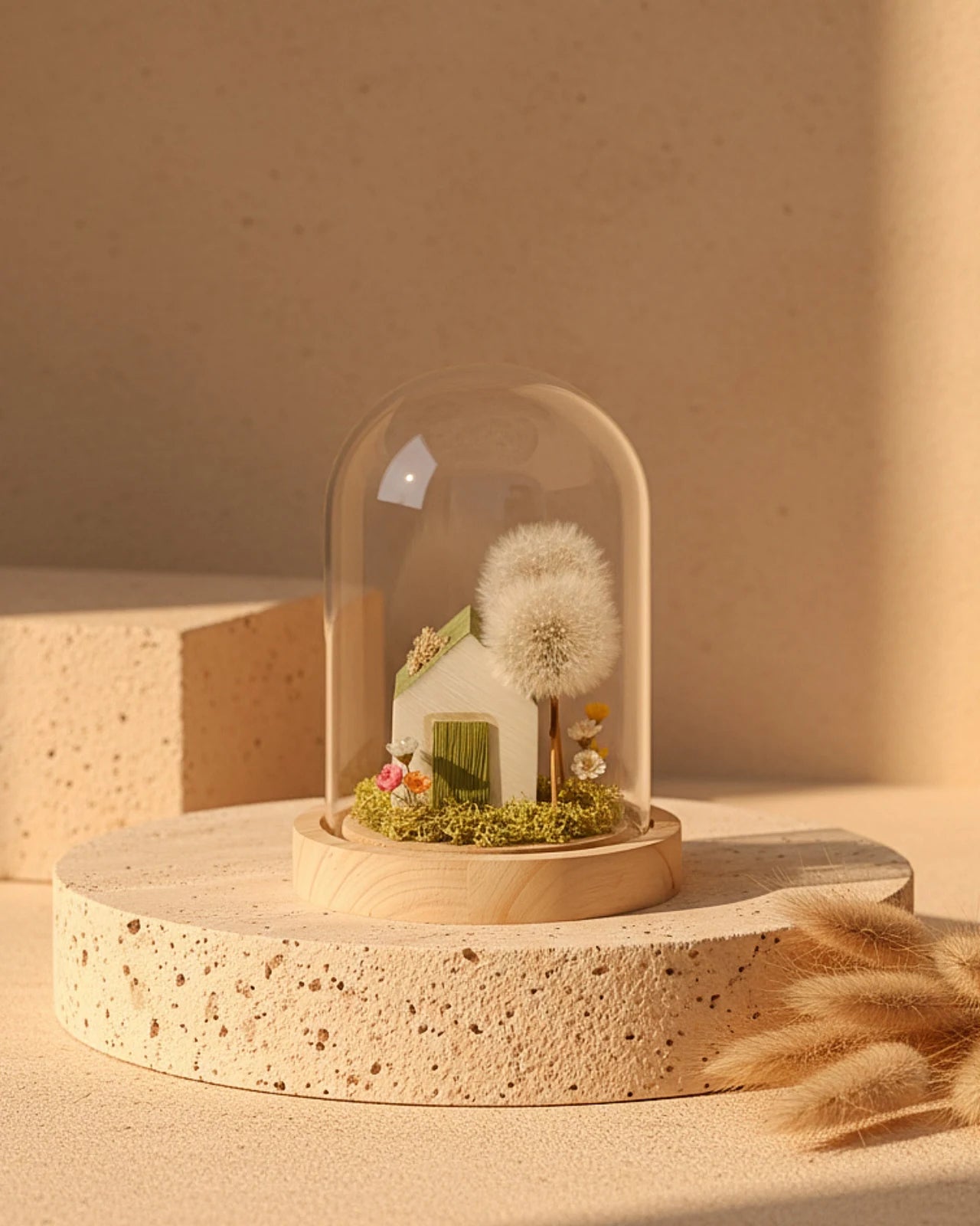 collezione giardino dei desideri | Terrarium con Soffioni Stabilizzati e Prato Muschio Stabilizzato in Ampolle o Campane di Vetro con Base in Legno e Sughero - Idea regalo unica e poetica | Misura Grande in Campana di Vetro con Casetta in Cera e Duo Soffioni