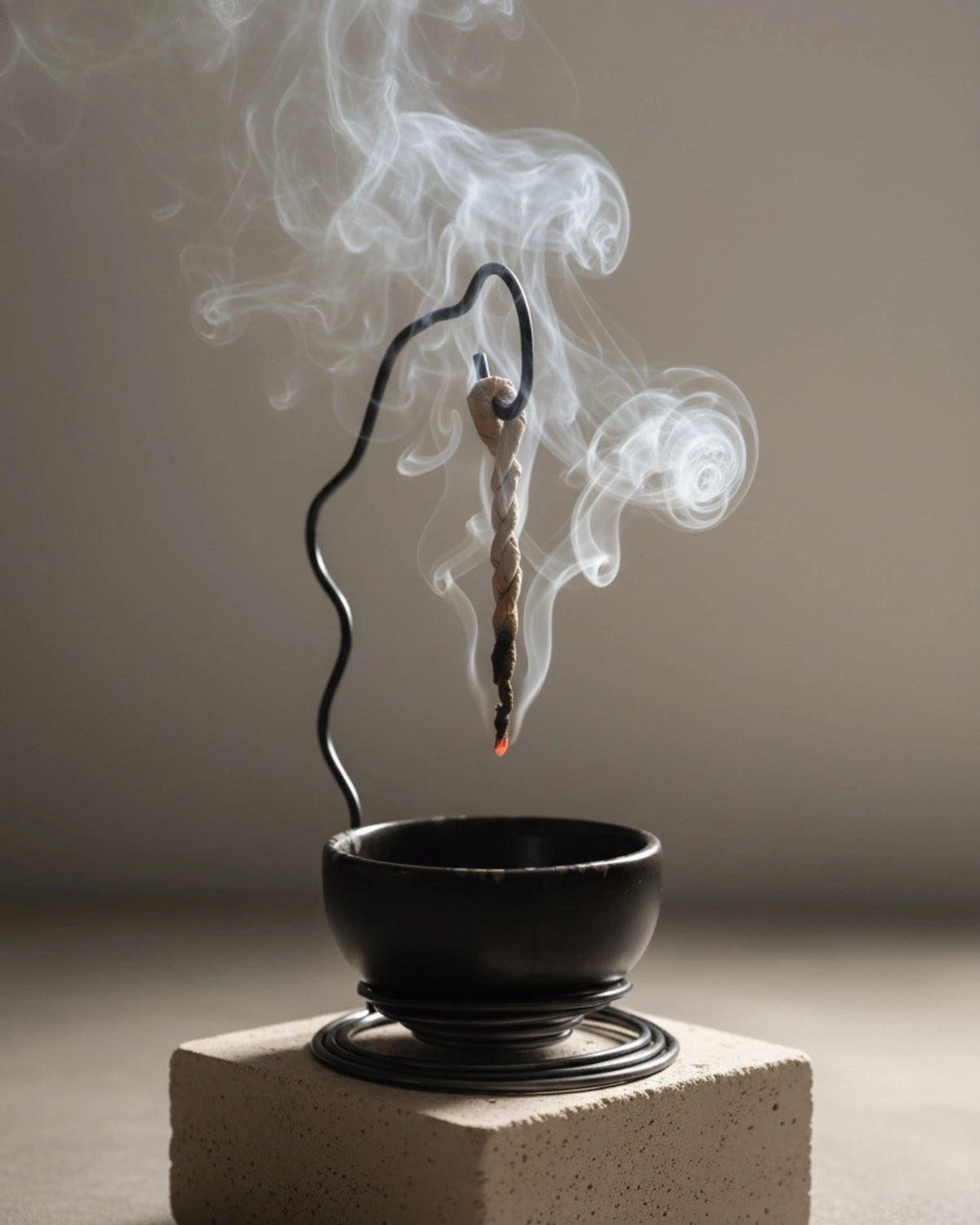 incensi naturali in corda artigianali nepalesi con incensiere artigianale in fil di ferro cotto e ciotola porcellana nera