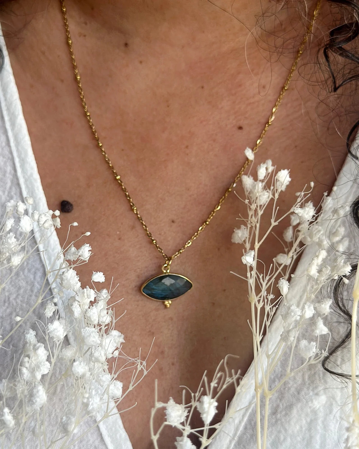  collana artigianale ottone placcato oro 18k 2 micron con occhio protettivo pietra naturale labradorite