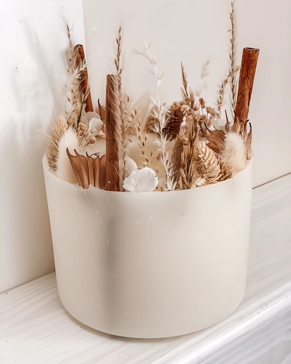 candela botanica komorebi in vaso di cera con bastoncini di cannella e fiori secchi | candele di design e d'arredo a Roma