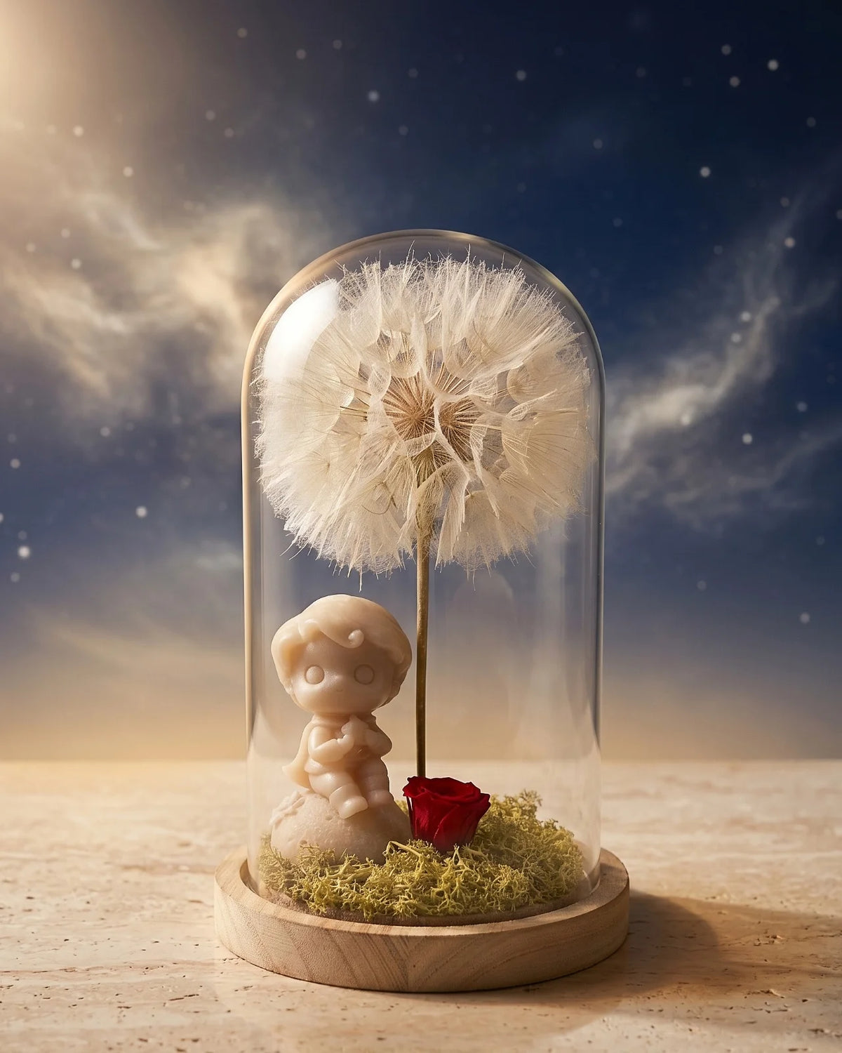 L'Essentiel — campana di vetro con miniatura del Piccolo Principe in cera profumata, rosa rossa stabilizzata, soffione Tragopogon e muschio botanico. 