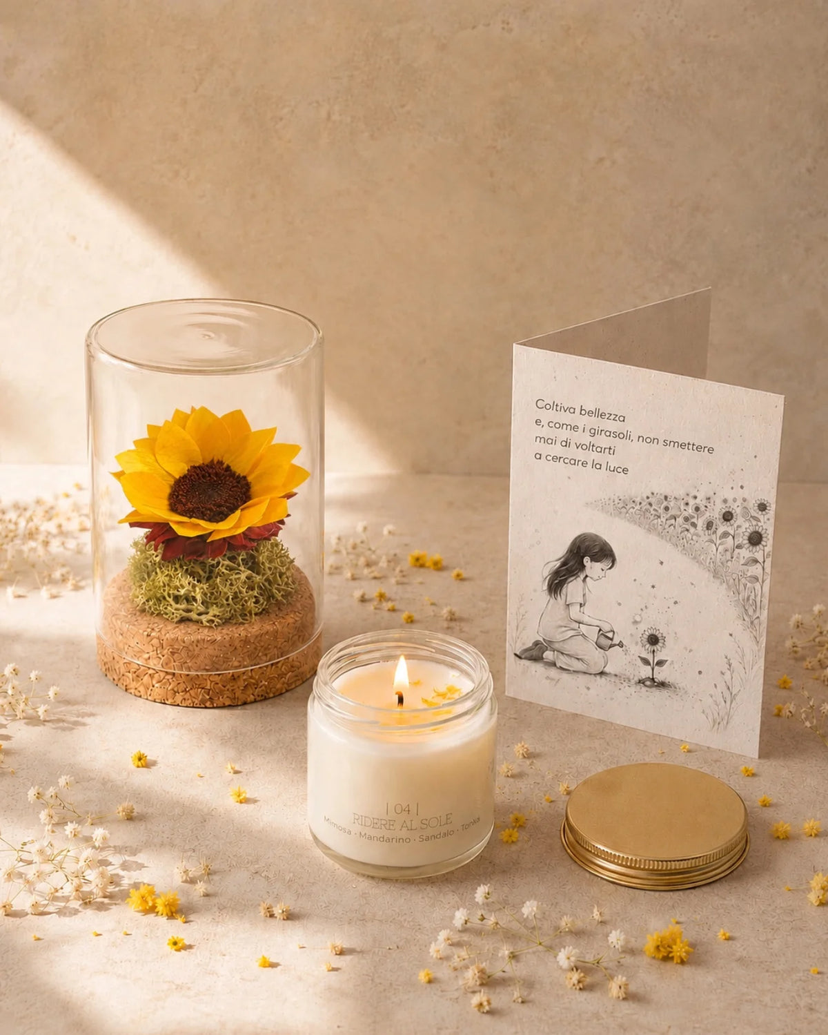 Gift Box La Luce Che Sei con candela Cafunè Ridere al Sole, girasole stabilizzato Soleil in ampolla di vetro e biglietto piantabile Floriensoul | Gift Box per le persone che fanno luce come regalo di compleanno, amicizia o nuovo inizio
