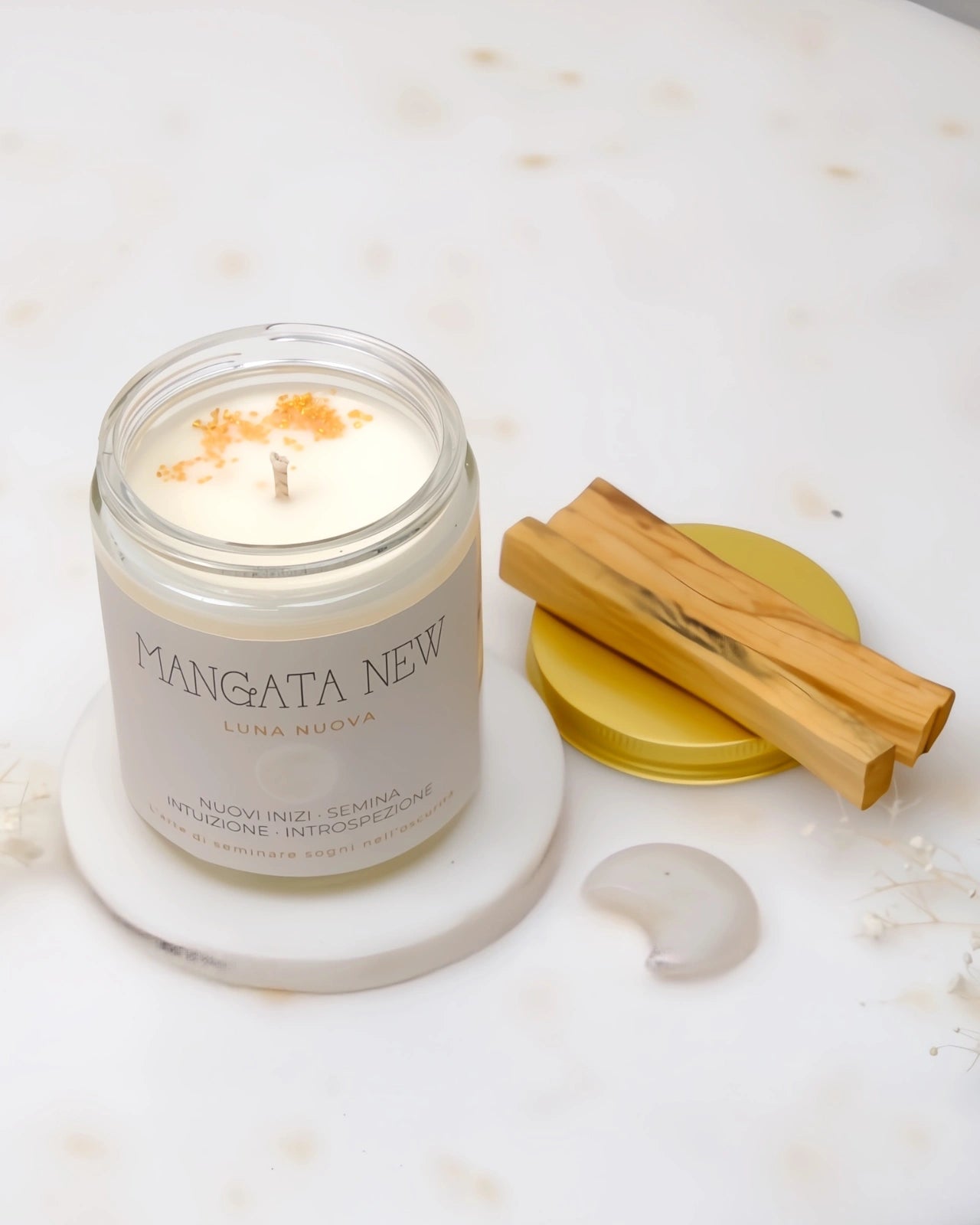 kit rituali lunari con candela profumata in cera di soia, pietra del sollievo cristallo e due bastoncini di palo santo | Roma - rituale luna piena