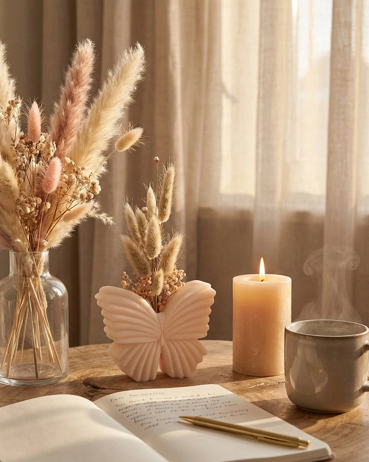 vaso di cera profumato a forma di farfalla con composizione fiori secchi e stabilizzati per un tocco bohémien in ogni casa