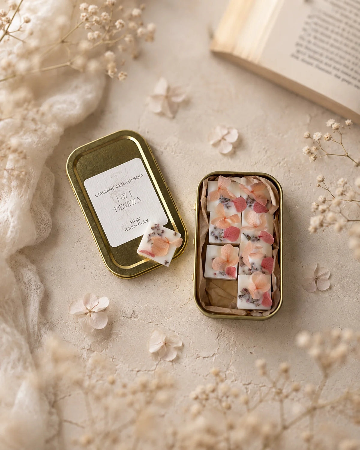 mini cialdine in cera di soia profumata | zollette tart per brucia essenze - artigianali e Made in Italy | Profumo pesca, peonia, osmanto, tonka