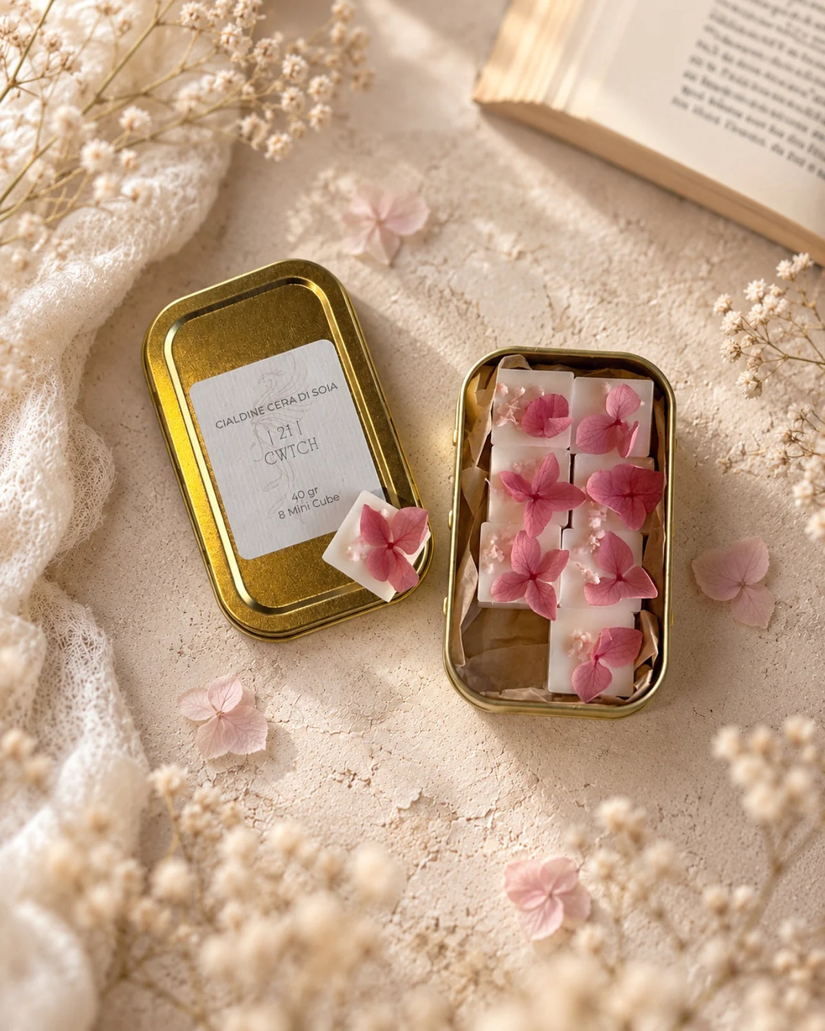 mini cialdine in cera di soia profumata | zollette tart per brucia essenze - artigianali e Made in Italy | Profumo fiori di mandorlo e pesco, karitè, mandorla dolce