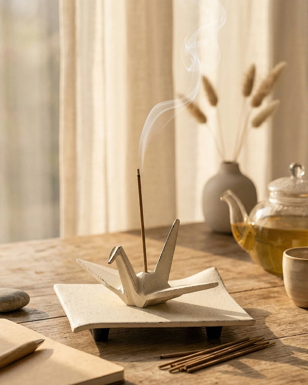 Porta incenso in ghisa a forma di gru origami con vassoio quadrato — Iwachu orizuru — home decor giapponese
