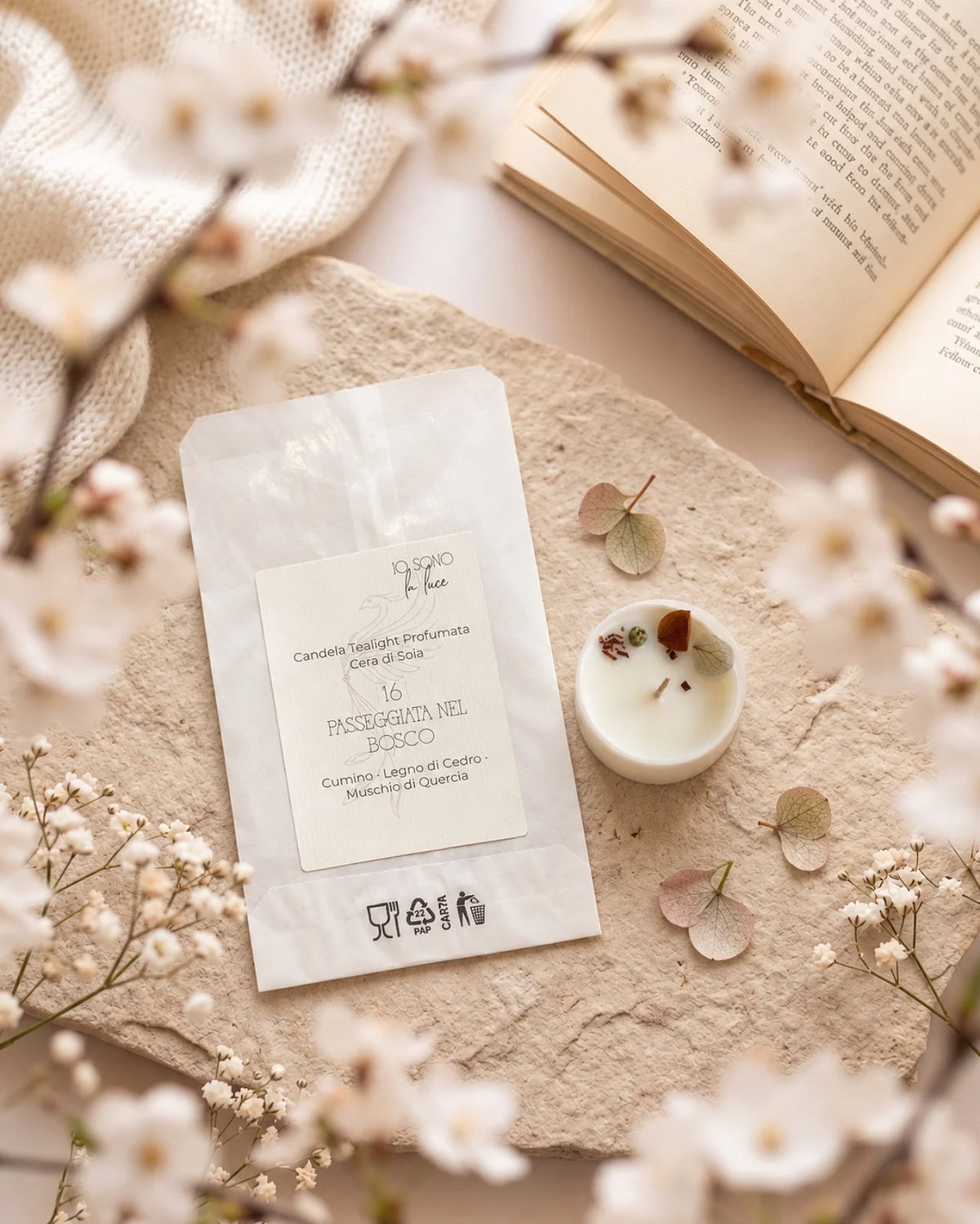 Piccole candeline profumate tealight in contenitore di PLA biodegradabile e sostenibile - pura cera di soia 100% vegetale - made in italy a Roma - 16 Passeggiata nel Bosco | profumo legnoso, balsamico, terroso al cumino, legno di cedro, muschio di quercia