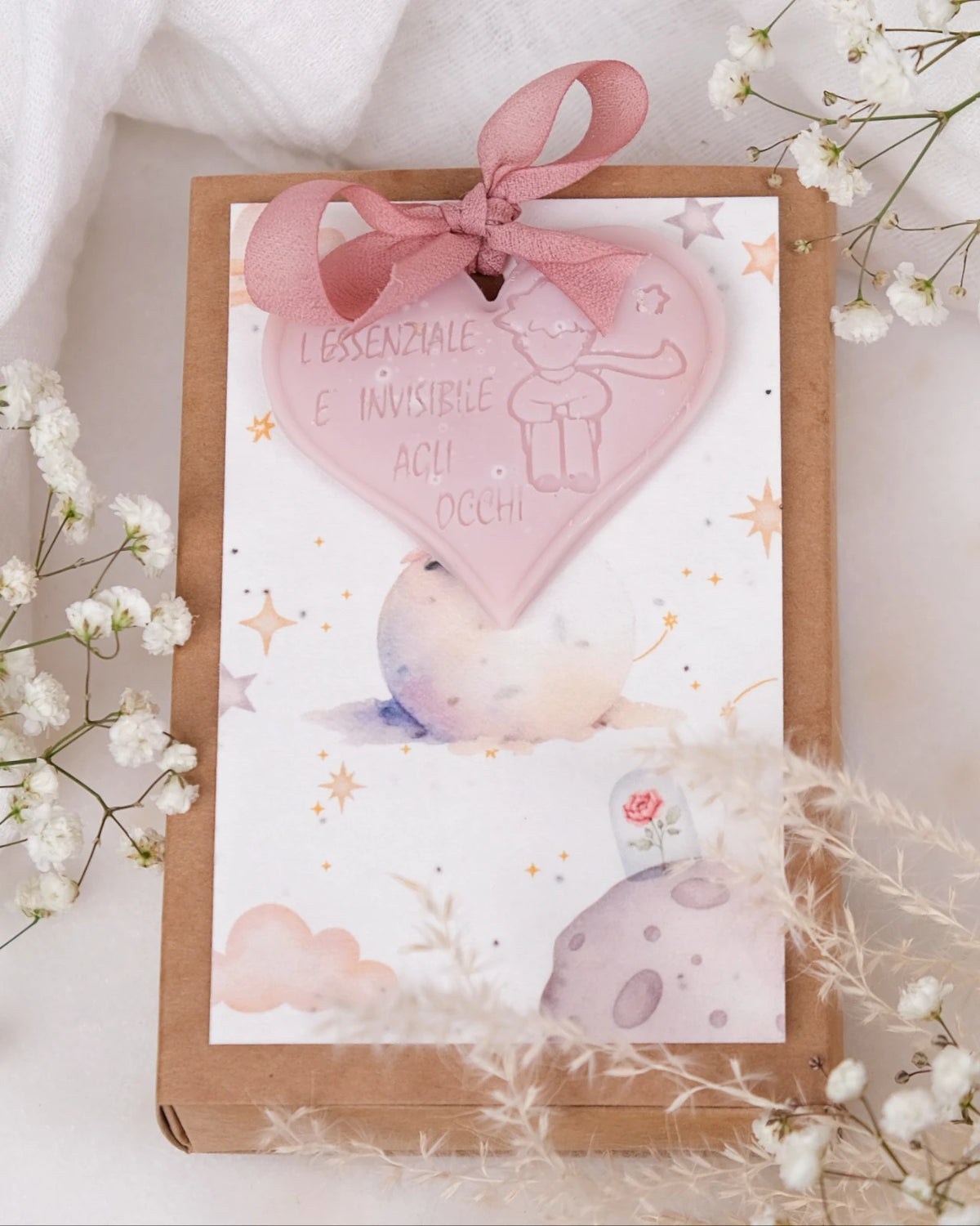 Tavoletta in cera di soia Il Piccolo Principe con cartolina carta semi piantabile e nastro crepe di seta | Profumo solido per armadi e cassetti