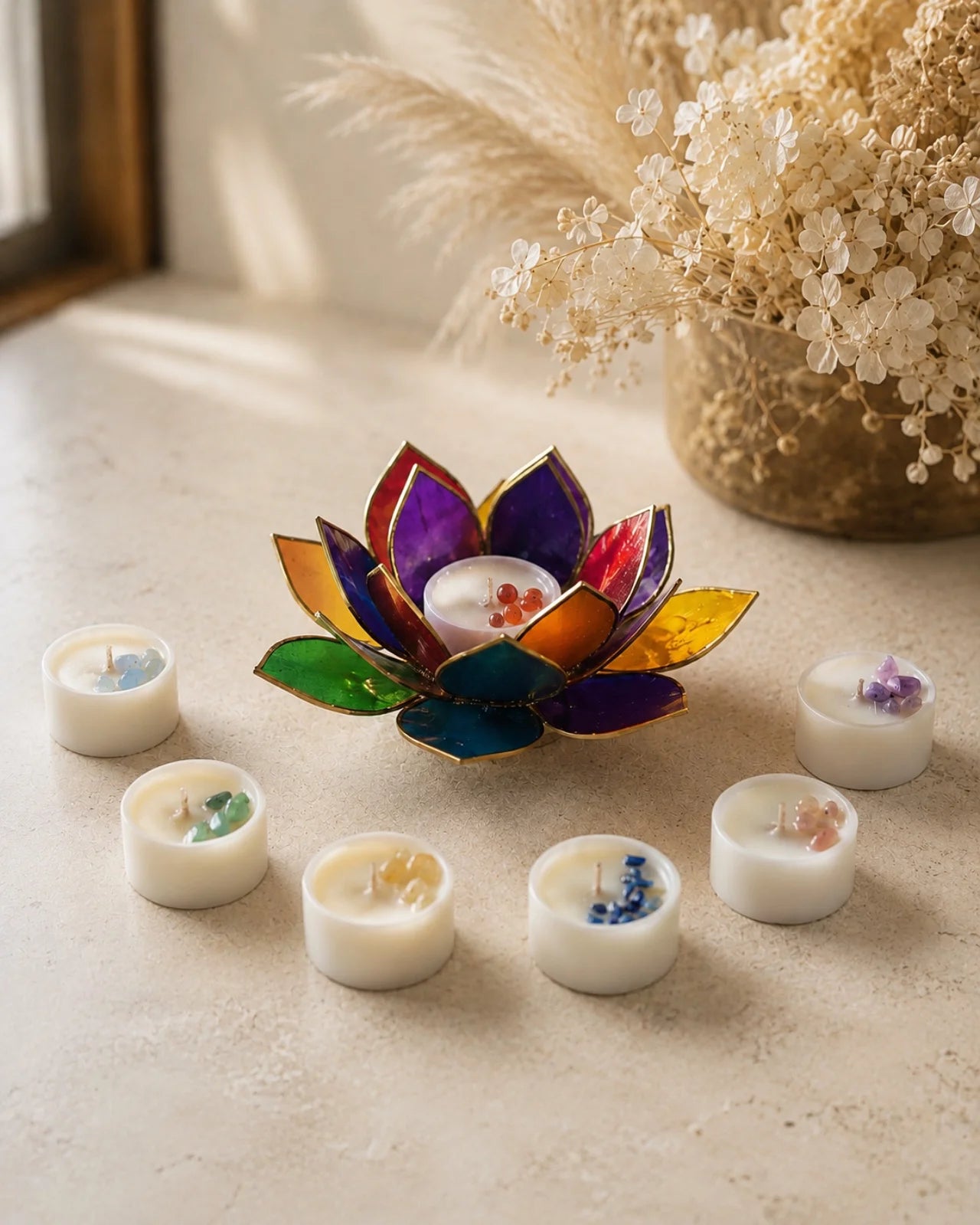 Gift box e Kit rituale 7 chakra con portacandele fior di loto e sette candele tealight artigianali in cera di soia con chips di cristalli naturali
