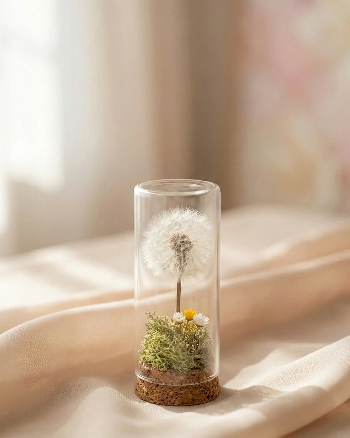 dente di leone ( soffione ) preservato in ampolla di vetro con base di sughero con glixie e muschio verde stabilizzato