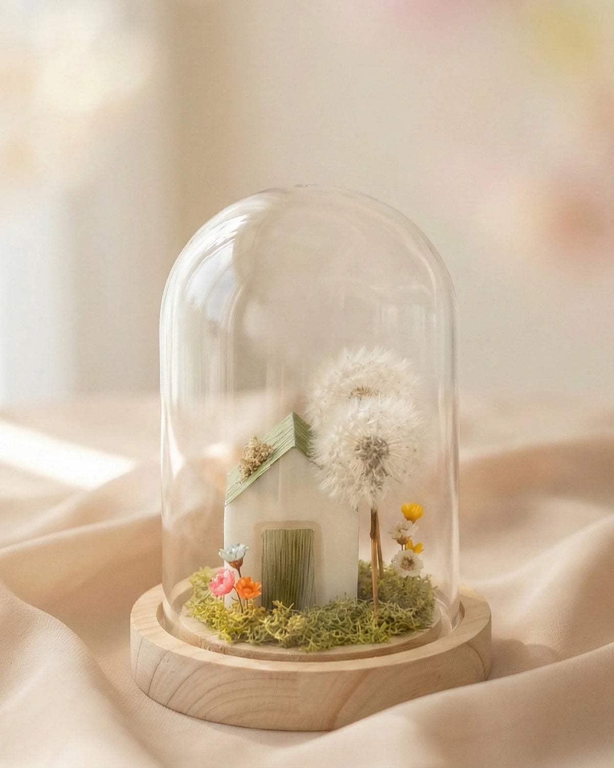 composizione con due soffioni stabilizzati in ampolla di vetro e base di sughero con muschio e glixie e casetta di cera profumata dipinta a mano in campana di vetro con base di legno