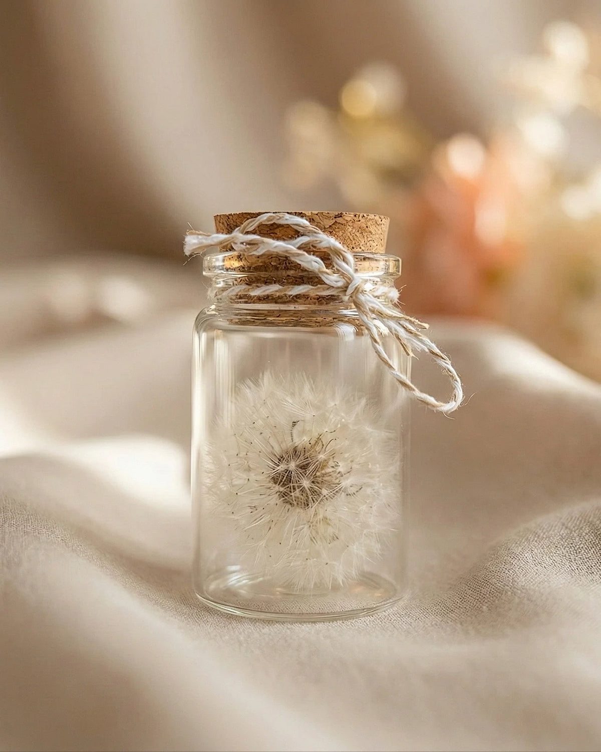 ampolla di vetro con soffione di tarassaco vero e tappo in sughero, simbolo di desideri e speranze