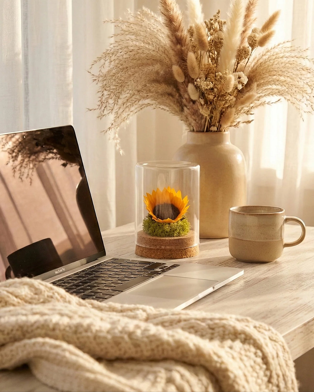 Girasole stabilizzato in vetro decorazione per scrivania ufficio, accessorio botanico workspace minimalista