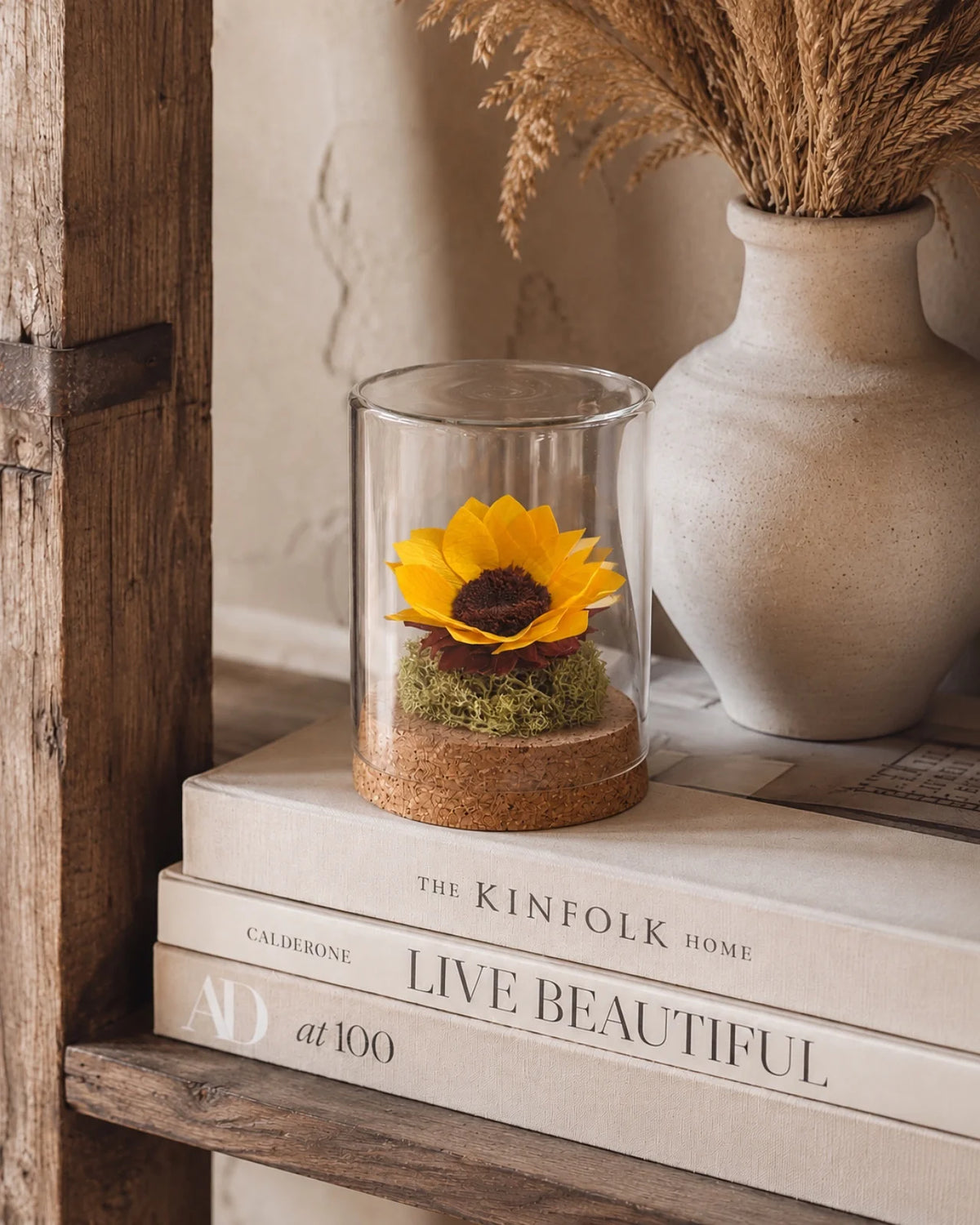Girasole stabilizzato in vetro decorazione botanica per librerie 