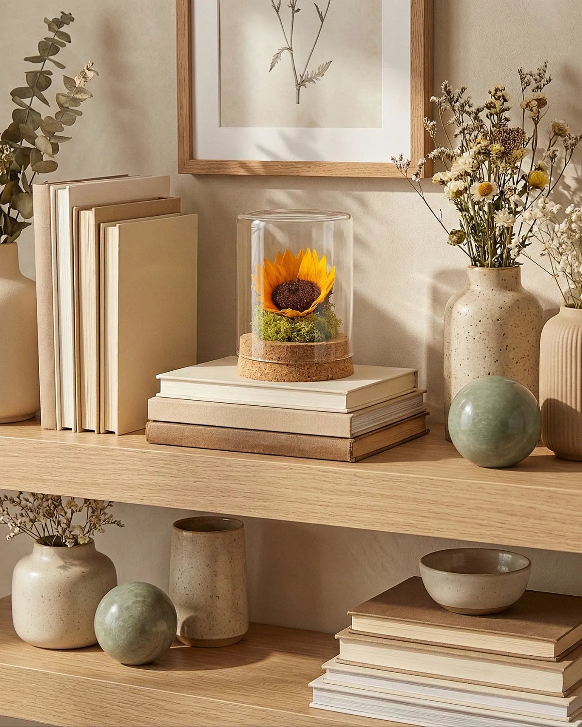 Girasole stabilizzato sotto campana di vetro con base in sughero naturale, decorazione botanica per scaffale e libreria moderna