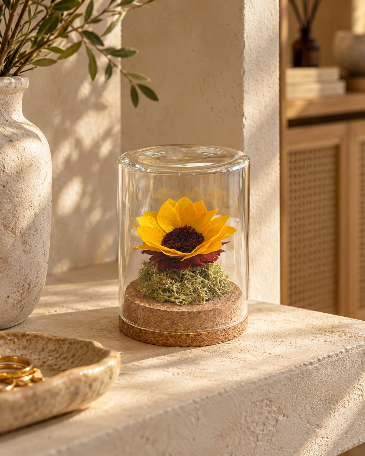 Fiore stabilizzato girasole in cloche vetro con muschio e sughero, decorazione eterna 
