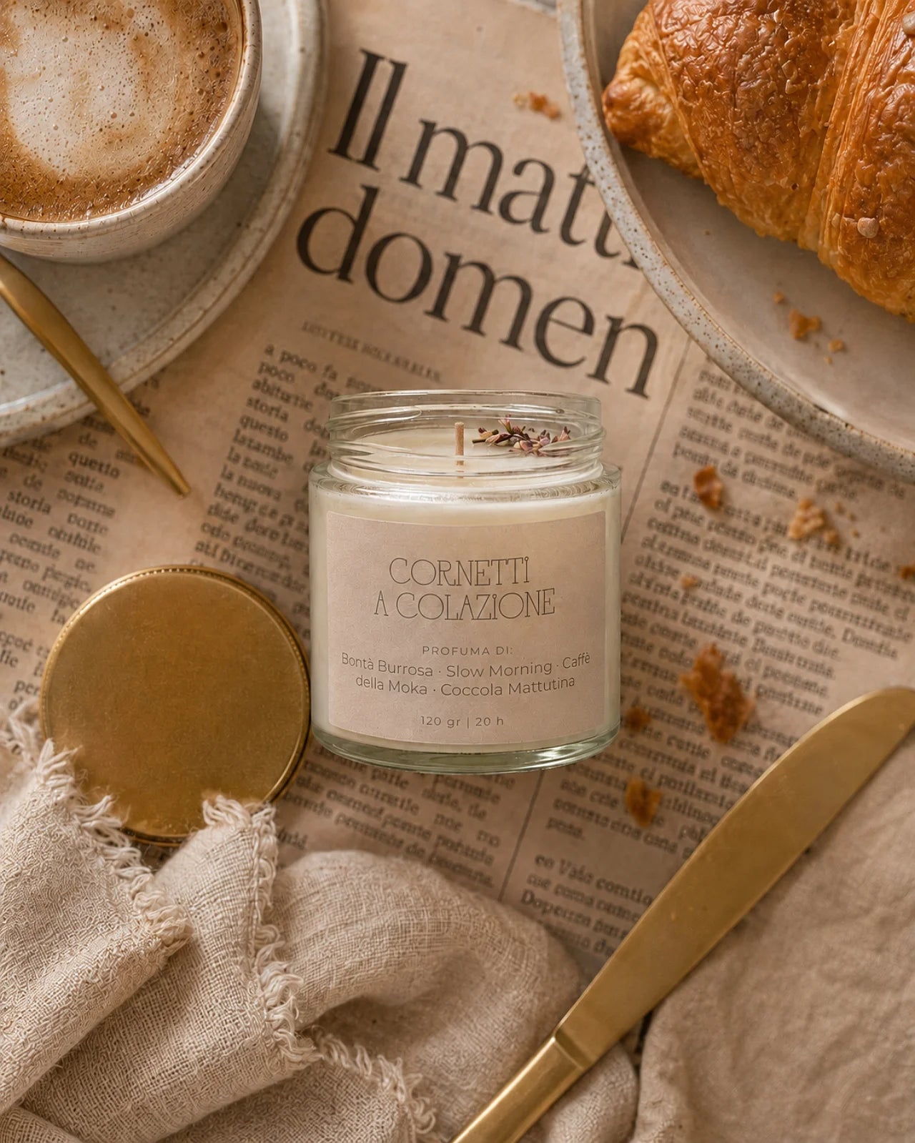 Collezione Stop al Tempo: candele per rituali di slow living e per rallentare il tempo | Cornetti a Colazione - profumo di burro, vaniglia e caffè