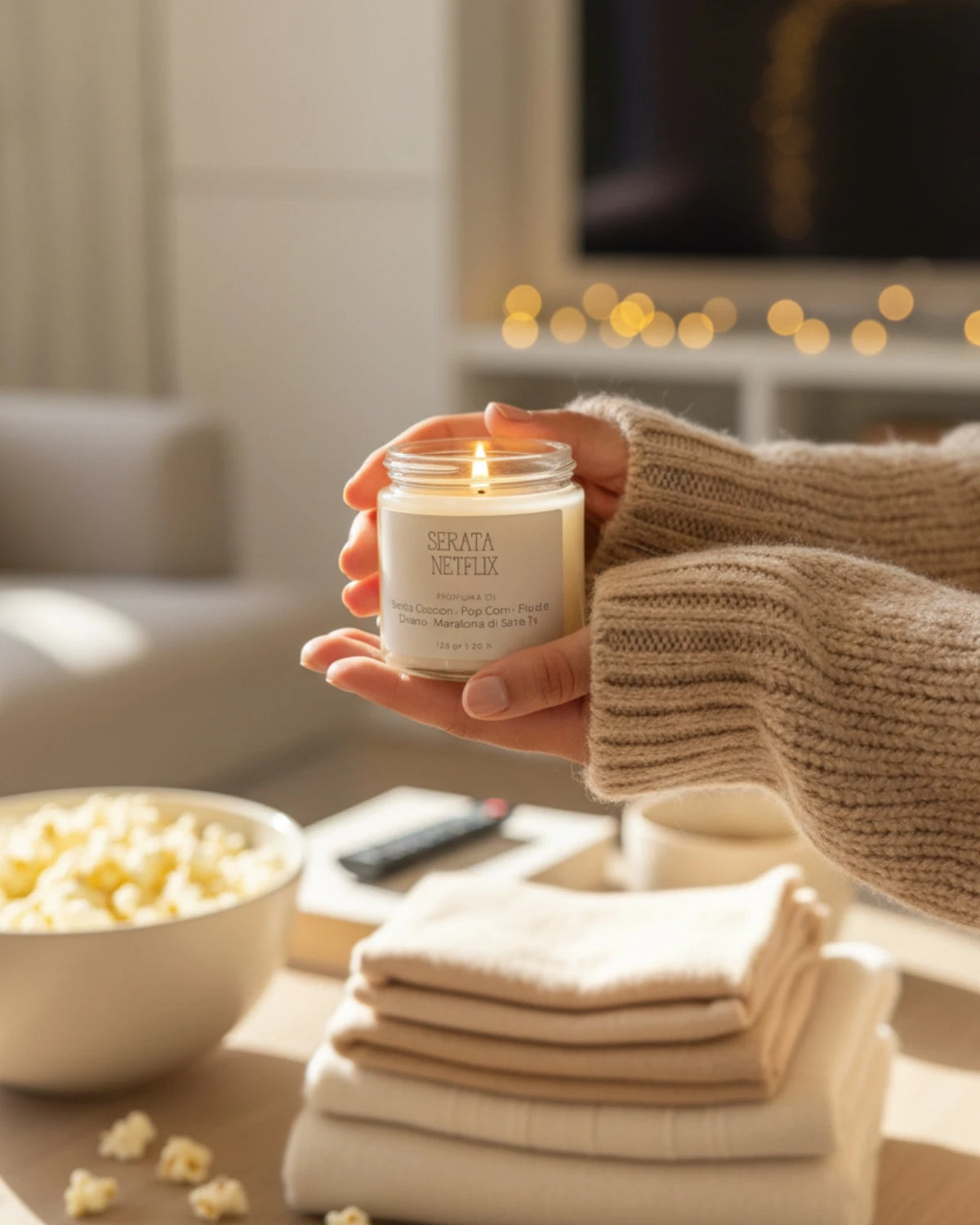Candele sensoriali slow living - Collezione Stop al Tempo - Serata Netflix - Candela profumata in cera di soia al profumo di pop corn formato 120 gr