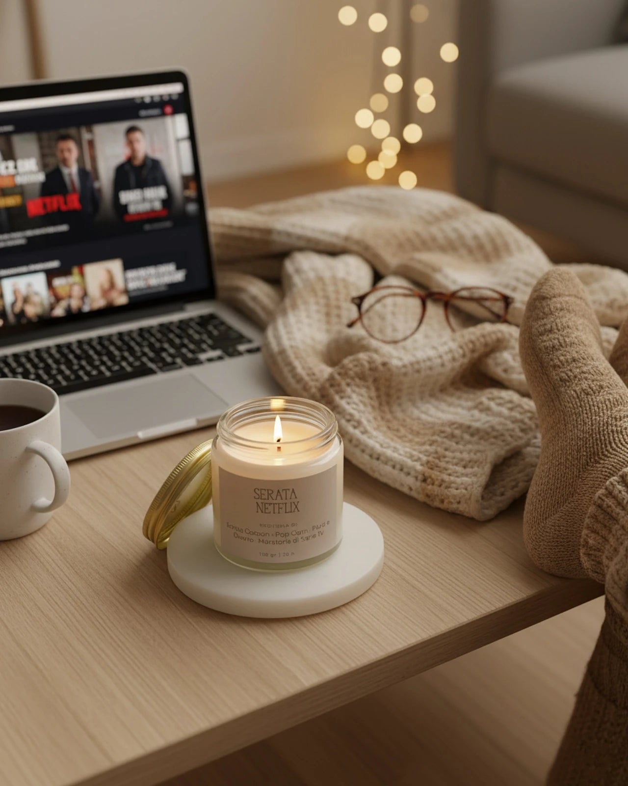 Candele sensoriali slow living - Collezione Stop al Tempo - Serata Netflix cozy, divano, plaid e maratona di serie tv 