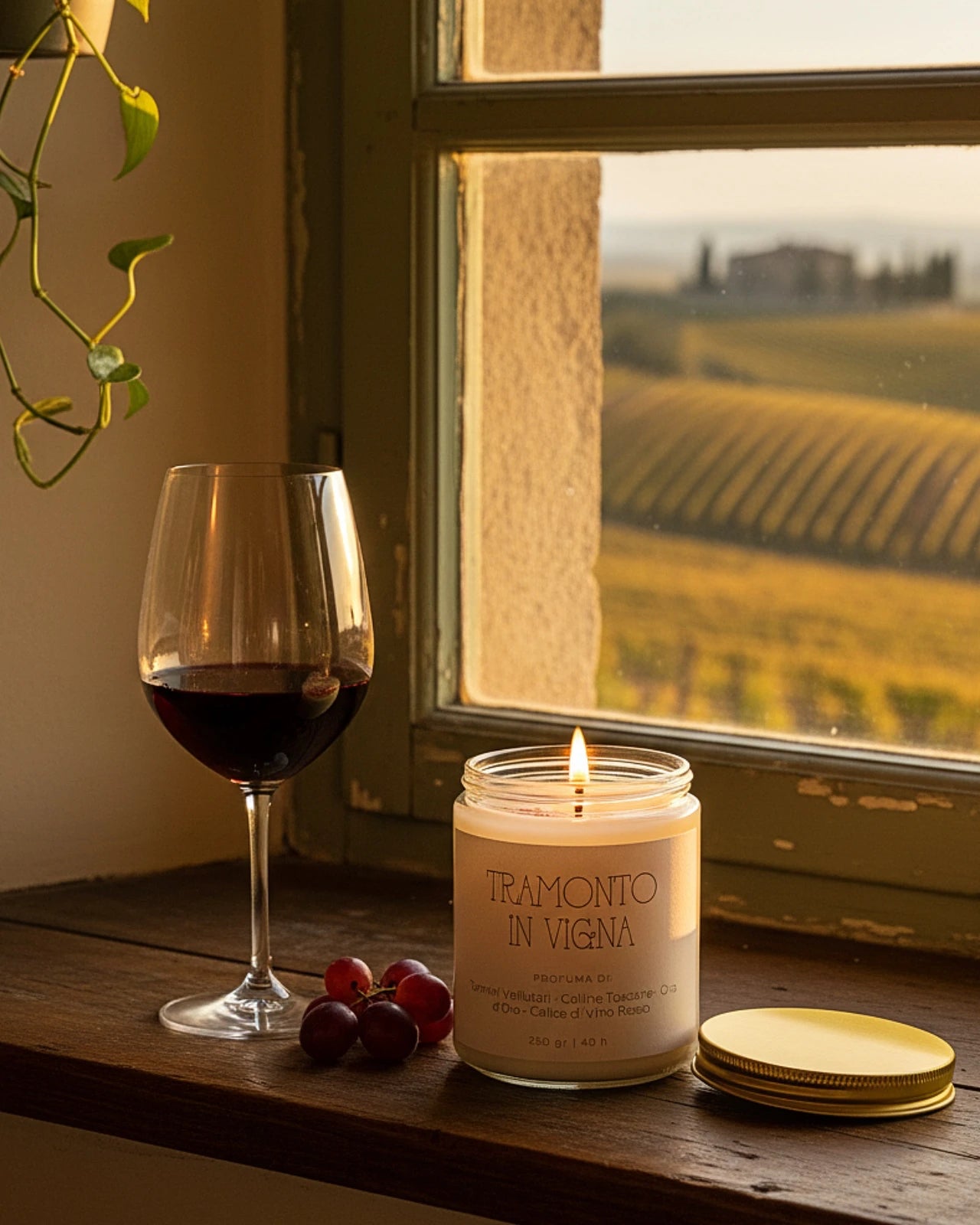 Tramonto in Vigna | Stop al Tempo | candela sensoriale slow living al profumo di vino rosso, campagna toscana e uva
