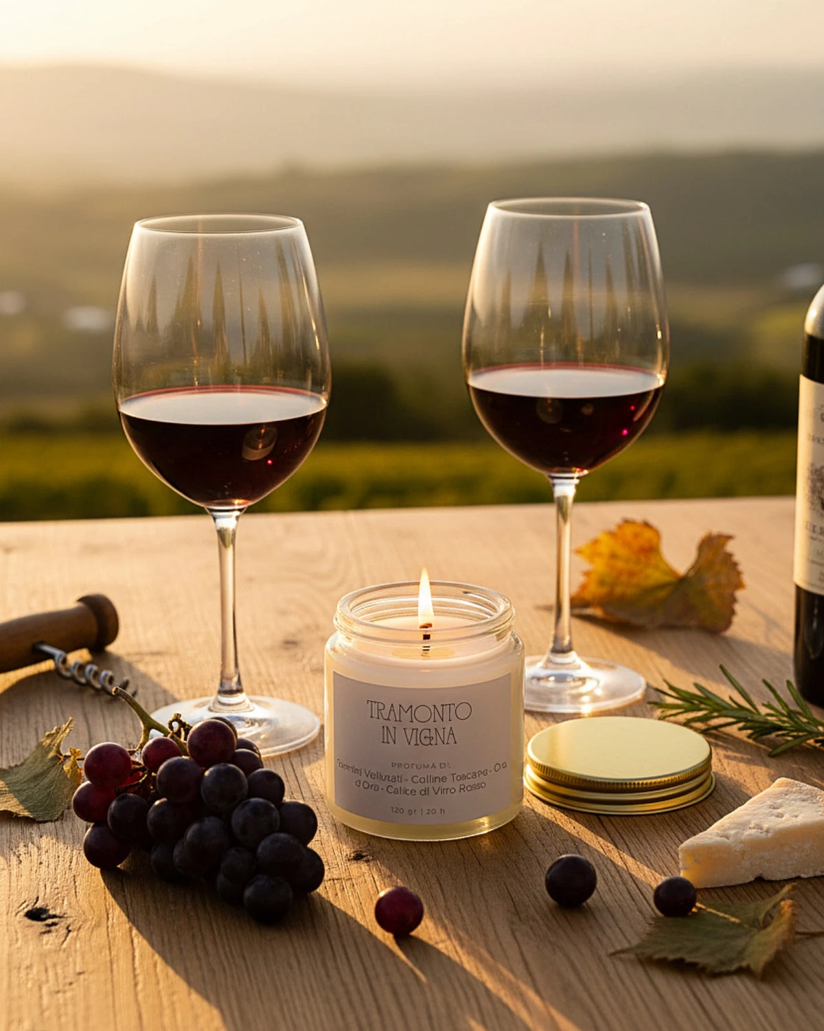 Tramonto in Vigna | Stop al Tempo | candela sensoriale slow living - profumo di vino rosso, campagna toscana e uva