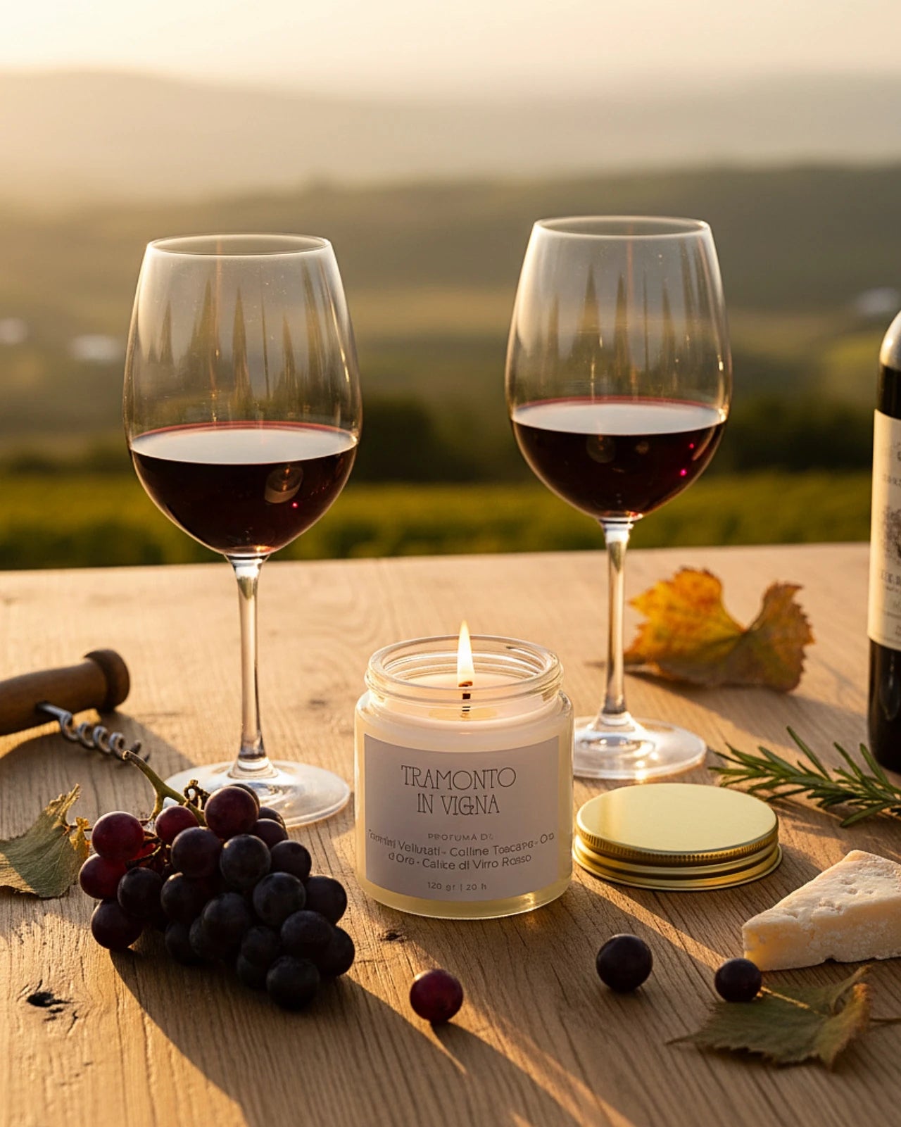 Tramonto in Vigna | Stop al Tempo | candela sensoriale slow living al profumo di vino rosso, campagna toscana e uva