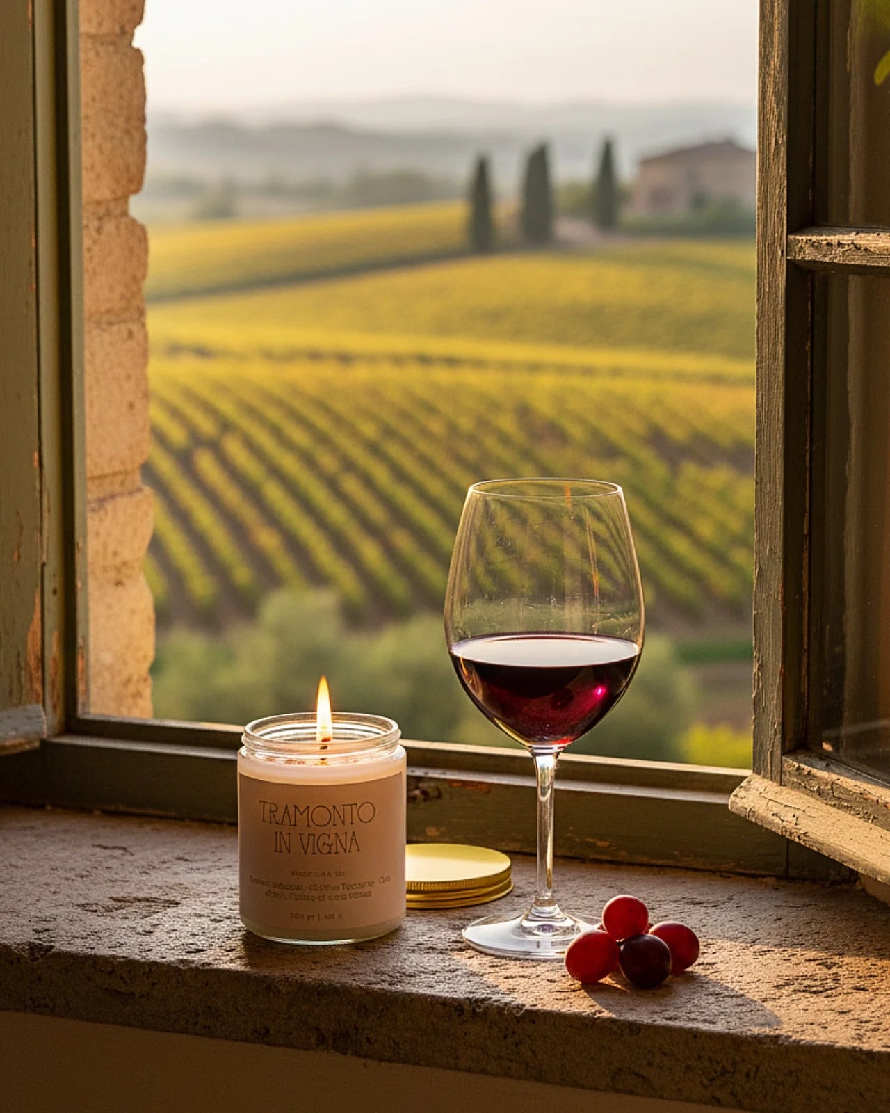 candela sensoriale slow living - profumo di vino rosso, campagna toscana e uva