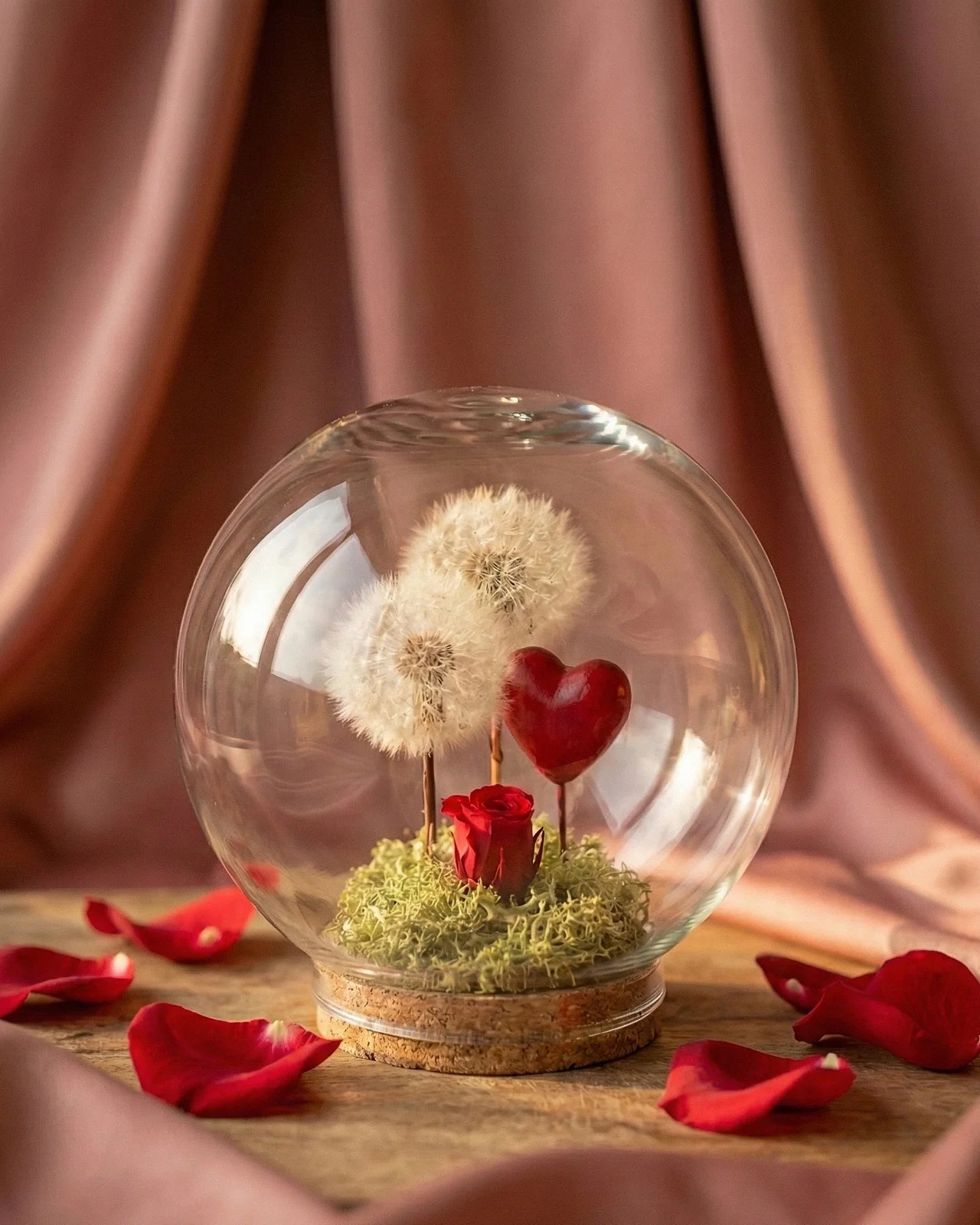 Composizione botanica vetro soffioni rosa stabilizzata su tessuto rosa - terrarium regalo romantico anniversario