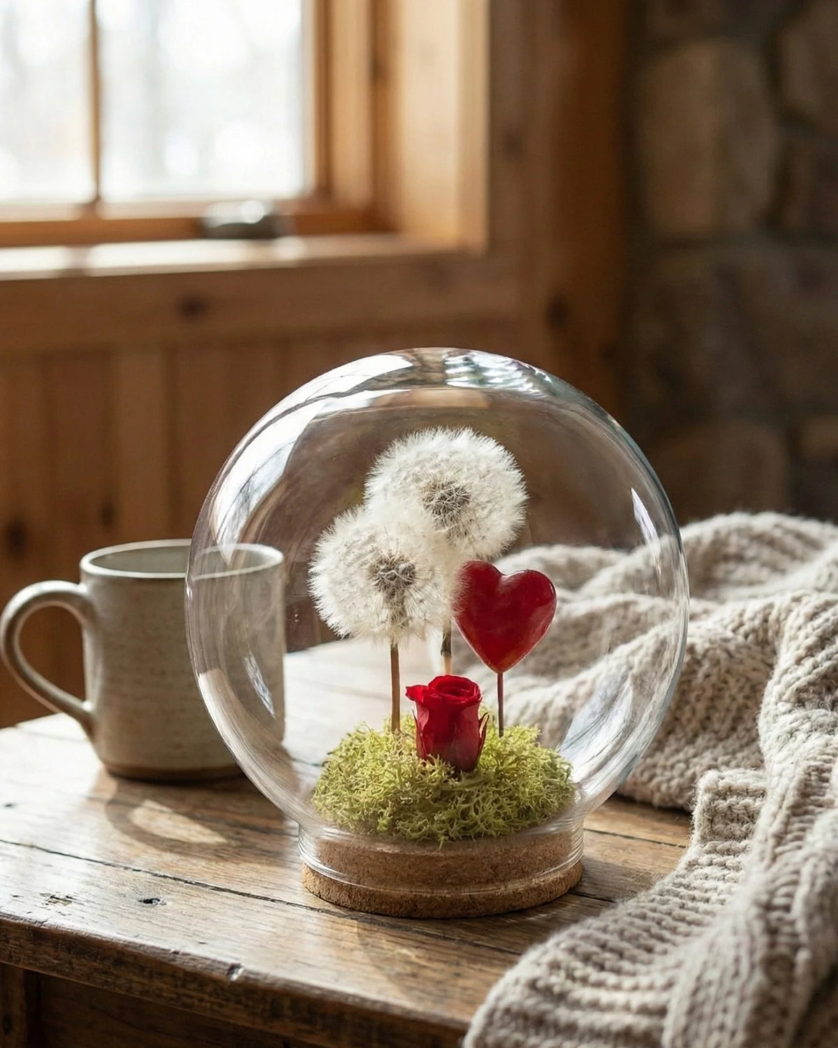 Terrarium soffioni eterni rosa rossa su tavolo legno con coperta lana tazza - regalo coppia slow living Roma