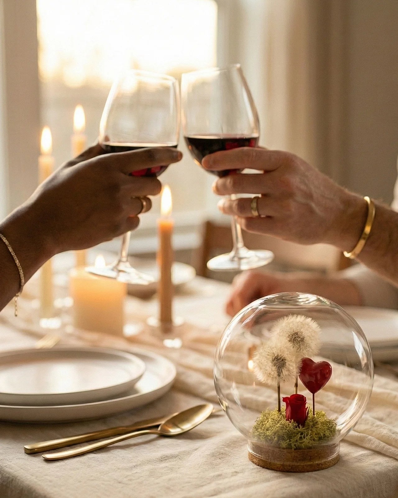 Terrarium botanico Ubi Tu Ibi Ego su tavola apparecchiata coppia brinda vino rosso - regalo amore consapevole