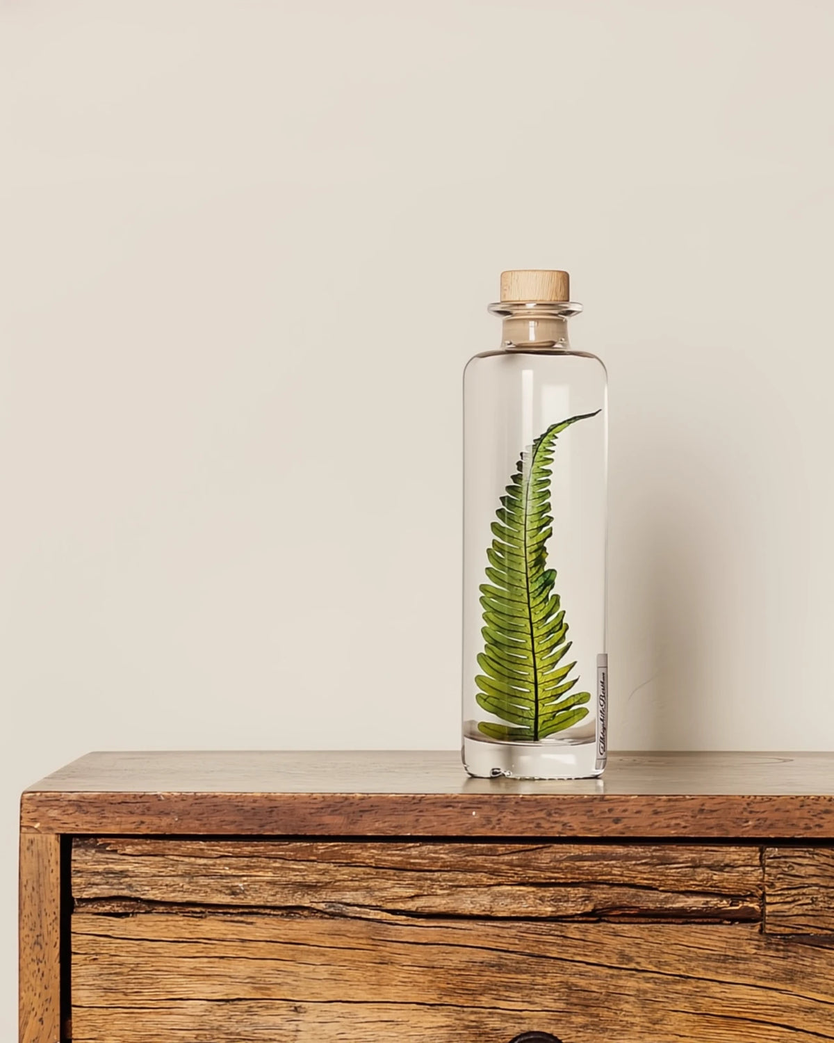 wabi sabi herbarium giapponese artigianali con fiori conservati in bottiglia di vetro farmaceutico e tappo in legno naturale - foglia stabilizzata di argyrea - dimensione grande
