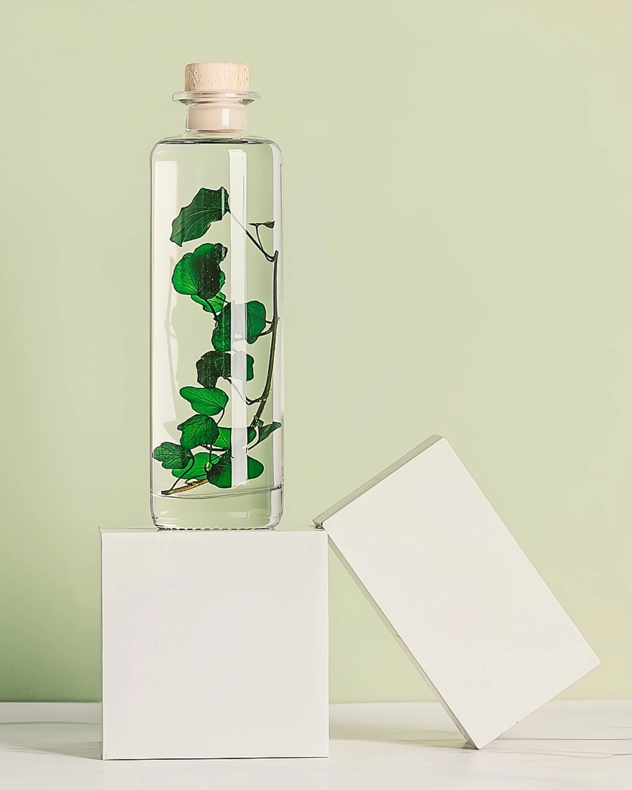 wabi sabi herbarium giapponese artigianali con fiori conservati in bottiglia di vetro farmaceutico e tappo in legno naturale - foglia stabilizzata di edera - dimensione grande