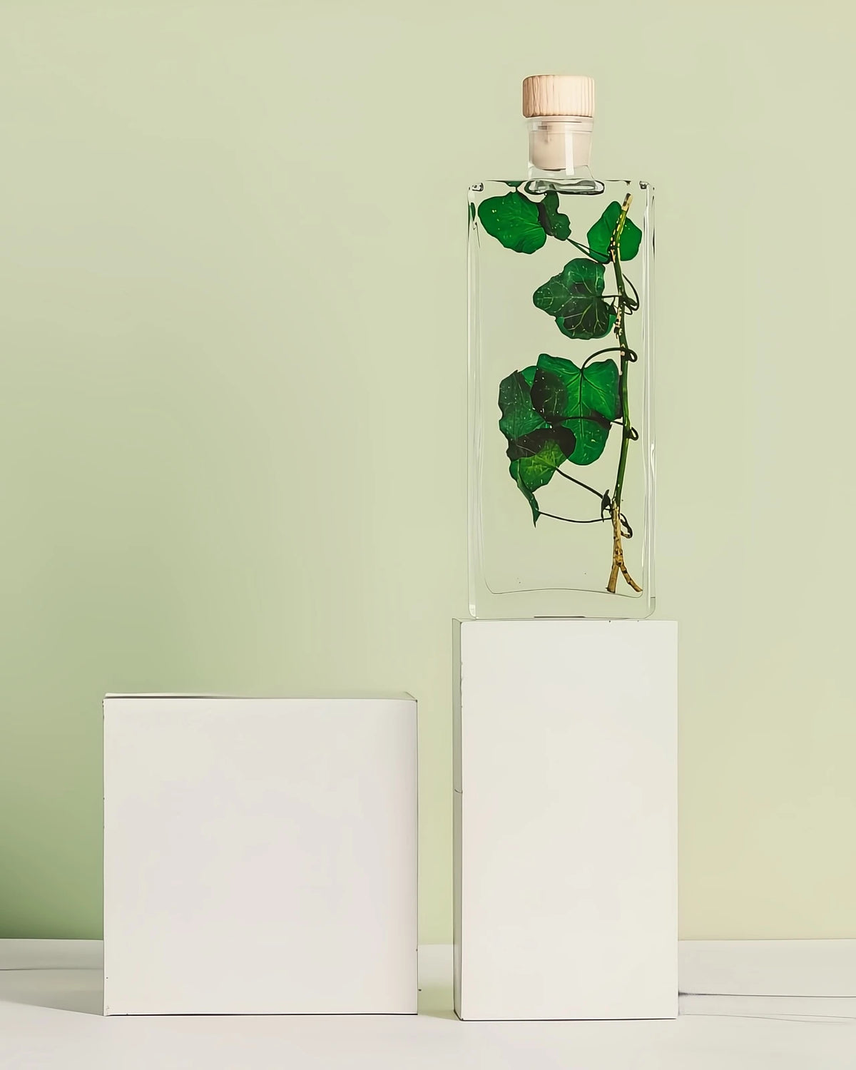 wabi sabi herbarium giapponese artigianali con fiori conservati in bottiglia di vetro farmaceutico e tappo in legno naturale - foglia stabilizzata di edera - dimensione media