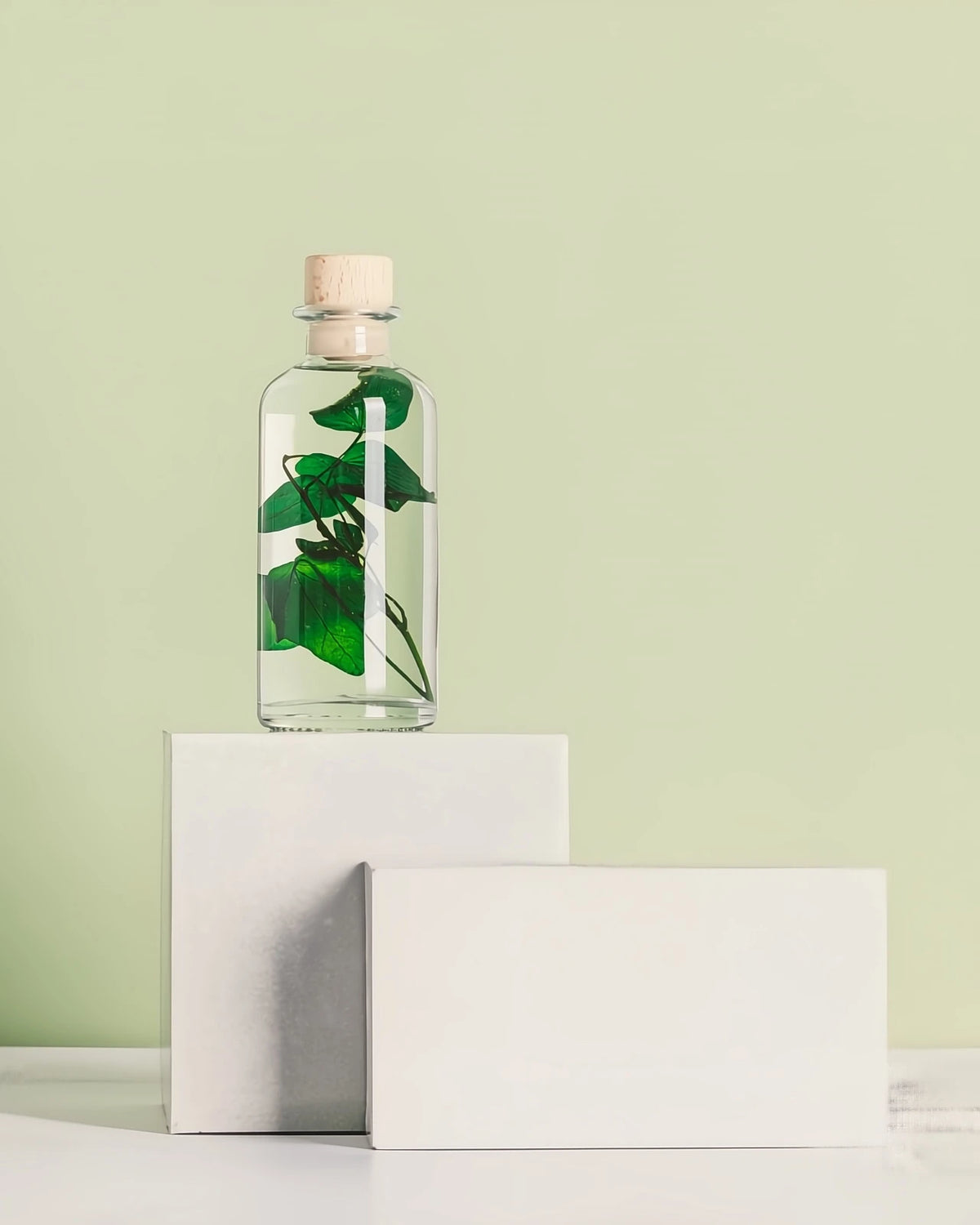 wabi sabi herbarium giapponese artigianali con fiori conservati in bottiglia di vetro farmaceutico e tappo in legno naturale - foglia stabilizzata di edera - dimensione piccola