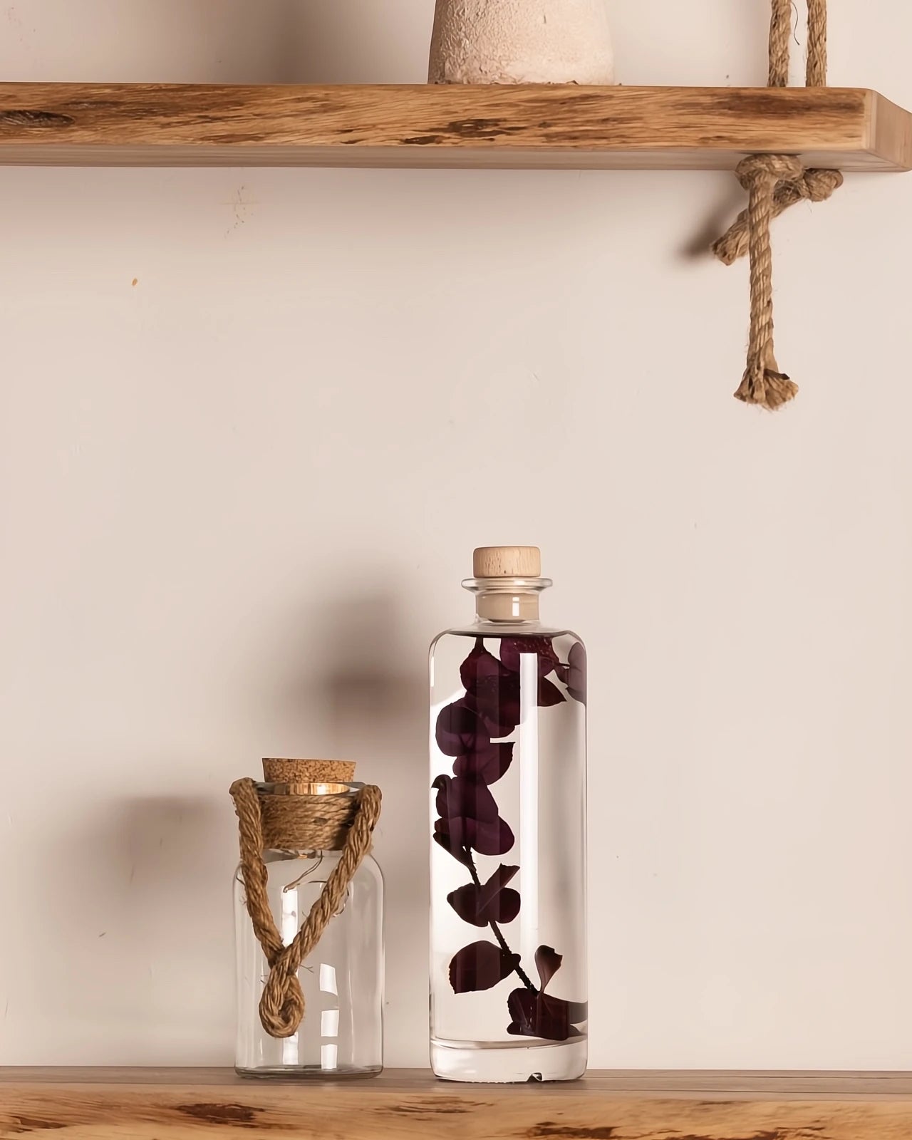 wabi sabi herbarium giapponese artigianali con fiori conservati in bottiglia di vetro farmaceutico e tappo in legno naturale - foglia stabilizzata di eucalipto viola - dimensione grande