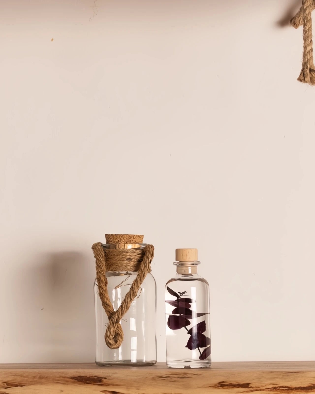 wabi sabi herbarium giapponese artigianali con fiori conservati in bottiglia di vetro farmaceutico e tappo in legno naturale - foglia stabilizzata di eucalipto viola - dimensione piccola