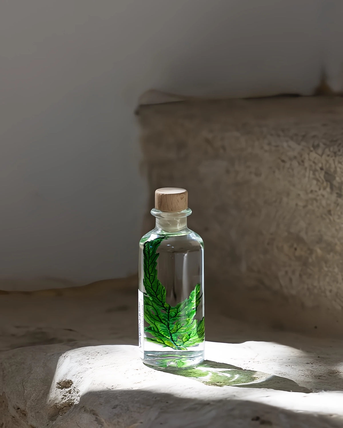 wabi sabi herbarium giapponese artigianali con fiori conservati in bottiglia di vetro farmaceutico e tappo in legno naturale - foglia stabilizzata di felce colombiana - dimensione piccola