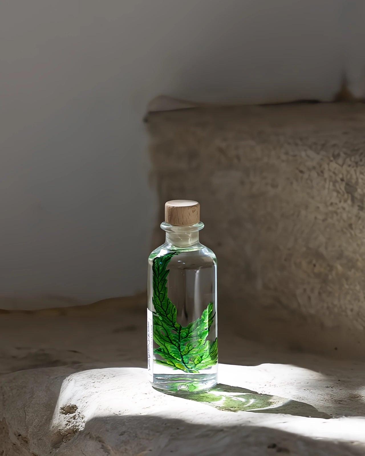 wabi sabi herbarium giapponese artigianali con fiori conservati in bottiglia di vetro farmaceutico e tappo in legno naturale - foglia stabilizzata di felce colombiana - dimensione piccola