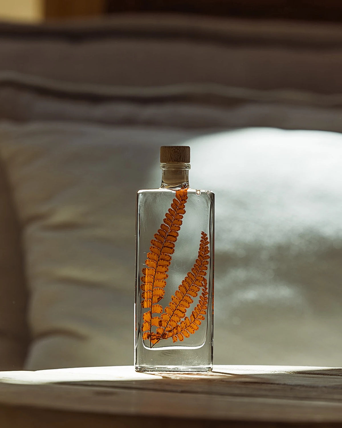 wabi sabi herbarium giapponese artigianali con fiori conservati in bottiglia di vetro farmaceutico e tappo in legno naturale - foglia stabilizzata di felce rossastra - dimensione media