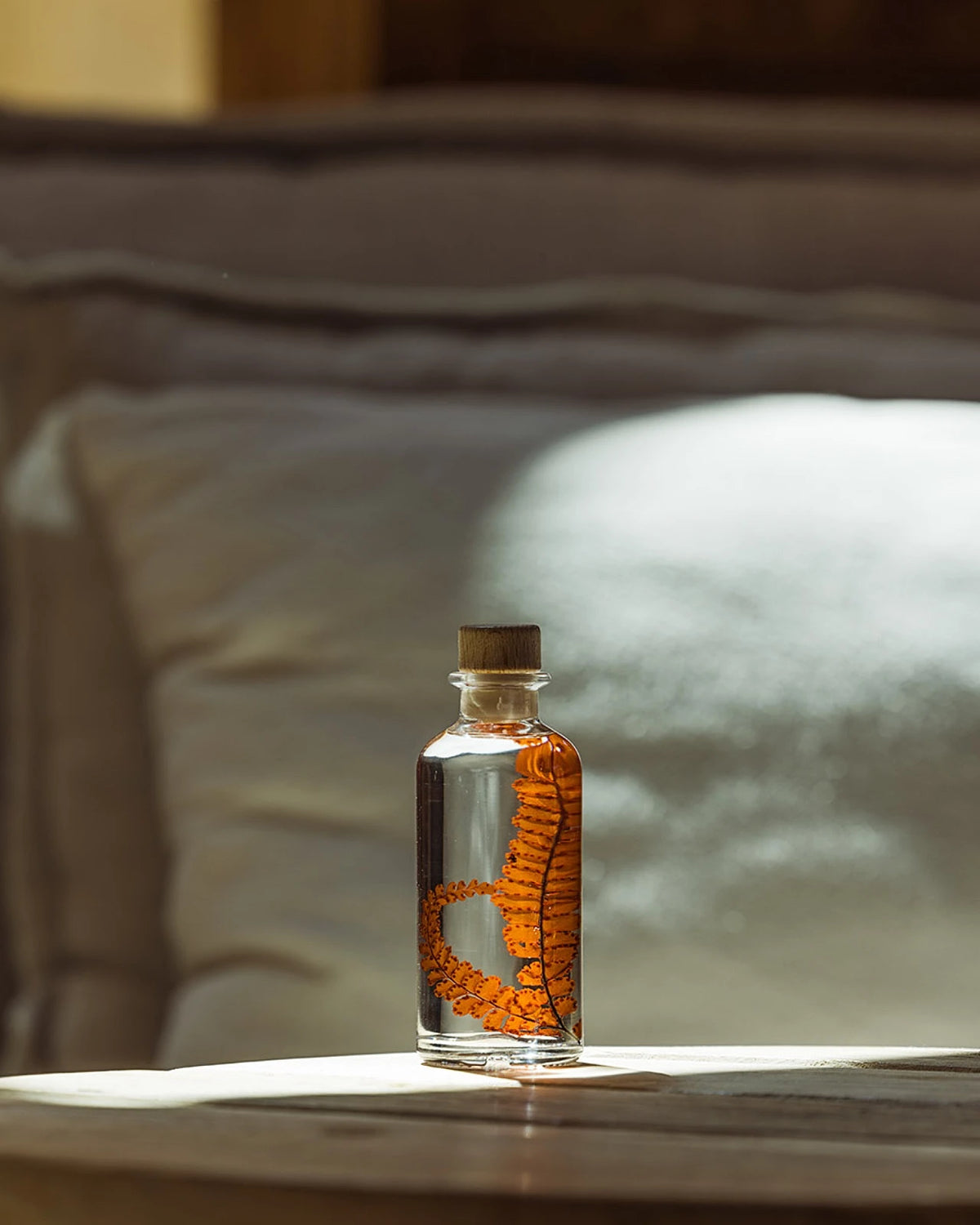 wabi sabi herbarium giapponese artigianali con fiori conservati in bottiglia di vetro farmaceutico e tappo in legno naturale - foglia stabilizzata di felce rossastra - dimensione piccola