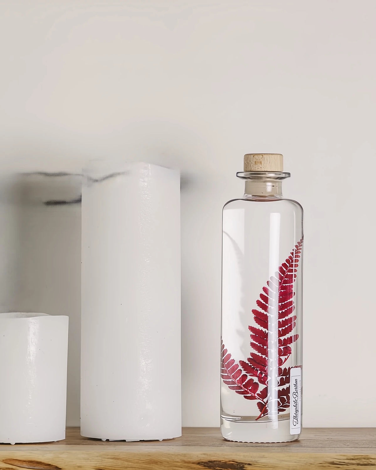 wabi sabi herbarium giapponese artigianali con fiori conservati in bottiglia di vetro farmaceutico e tappo in legno naturale - foglia stabilizzata di felce rossa - dimensione grande