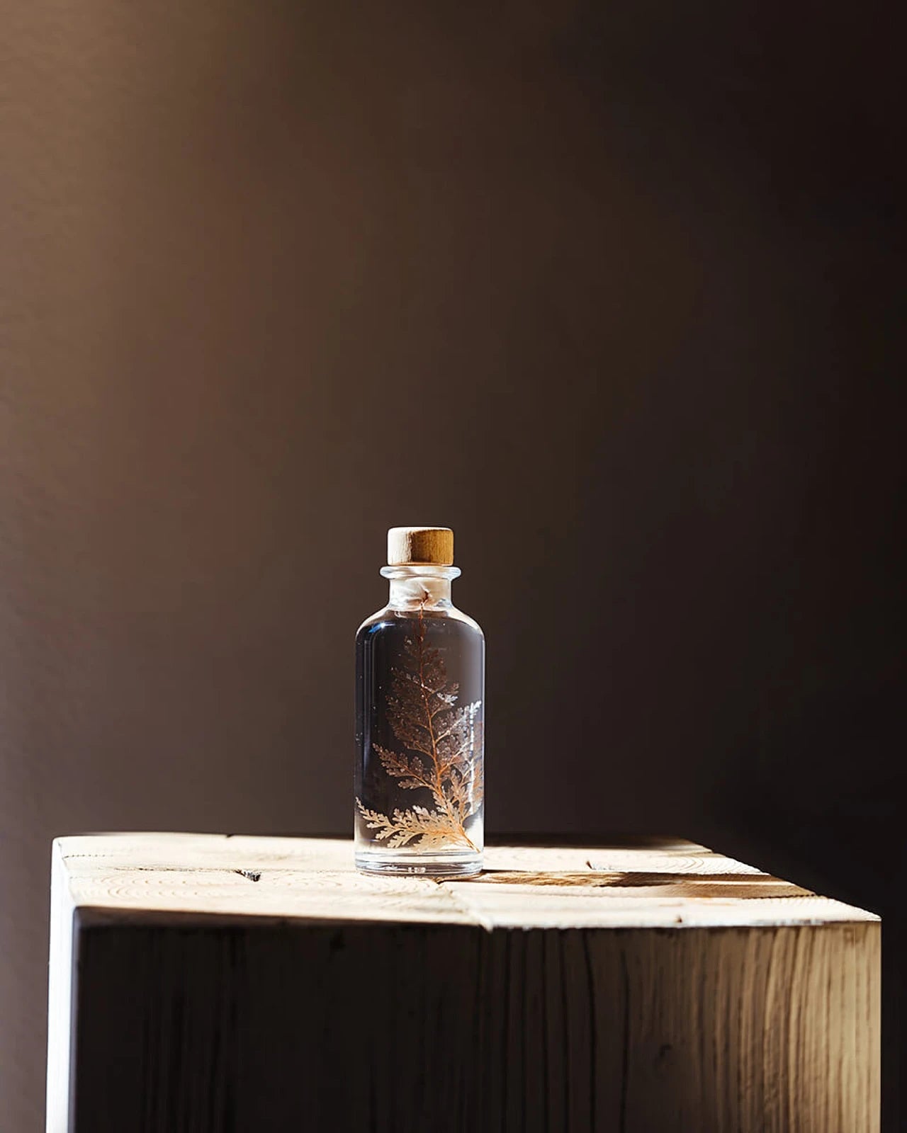 wabi sabi herbarium giapponese artigianali con fiori conservati in bottiglia di vetro farmaceutico e tappo in legno naturale - foglia stabilizzata di felce neve -  dimensione piccola
